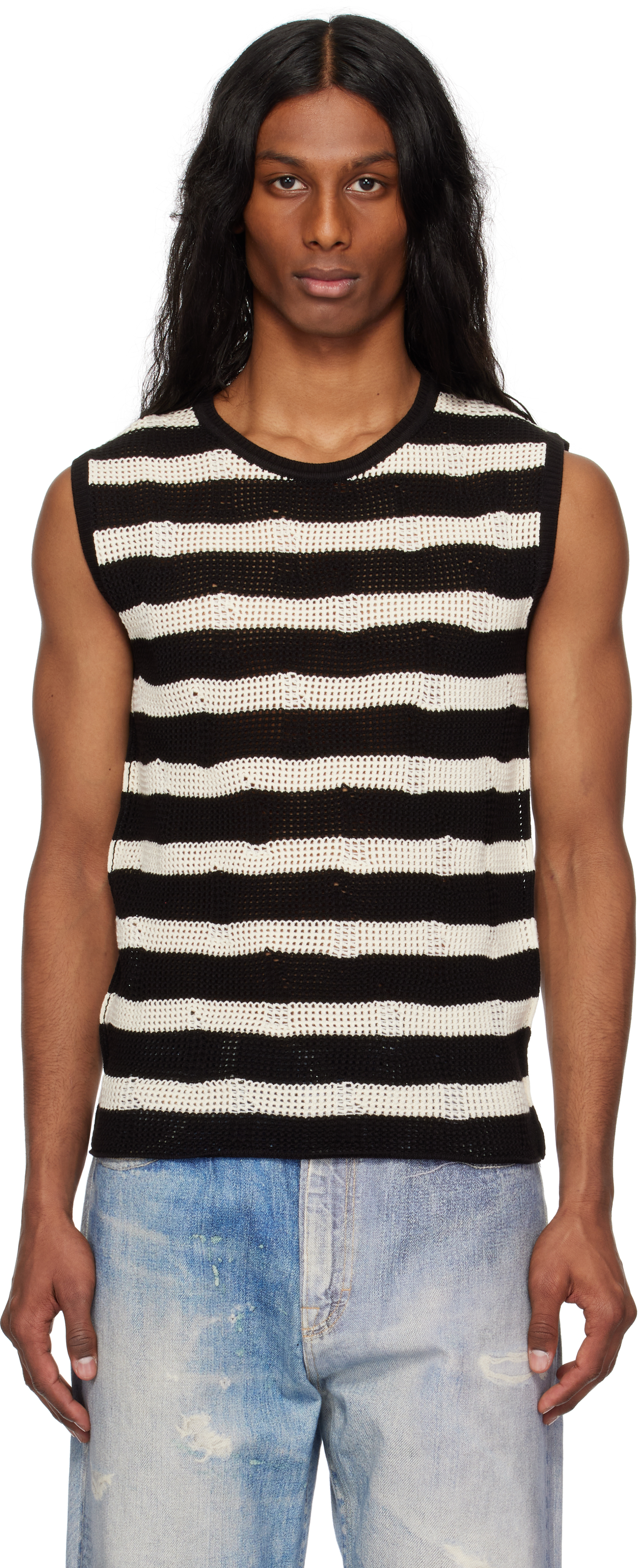 Black & Off-White Net Damaged Sleeveless Tank Top