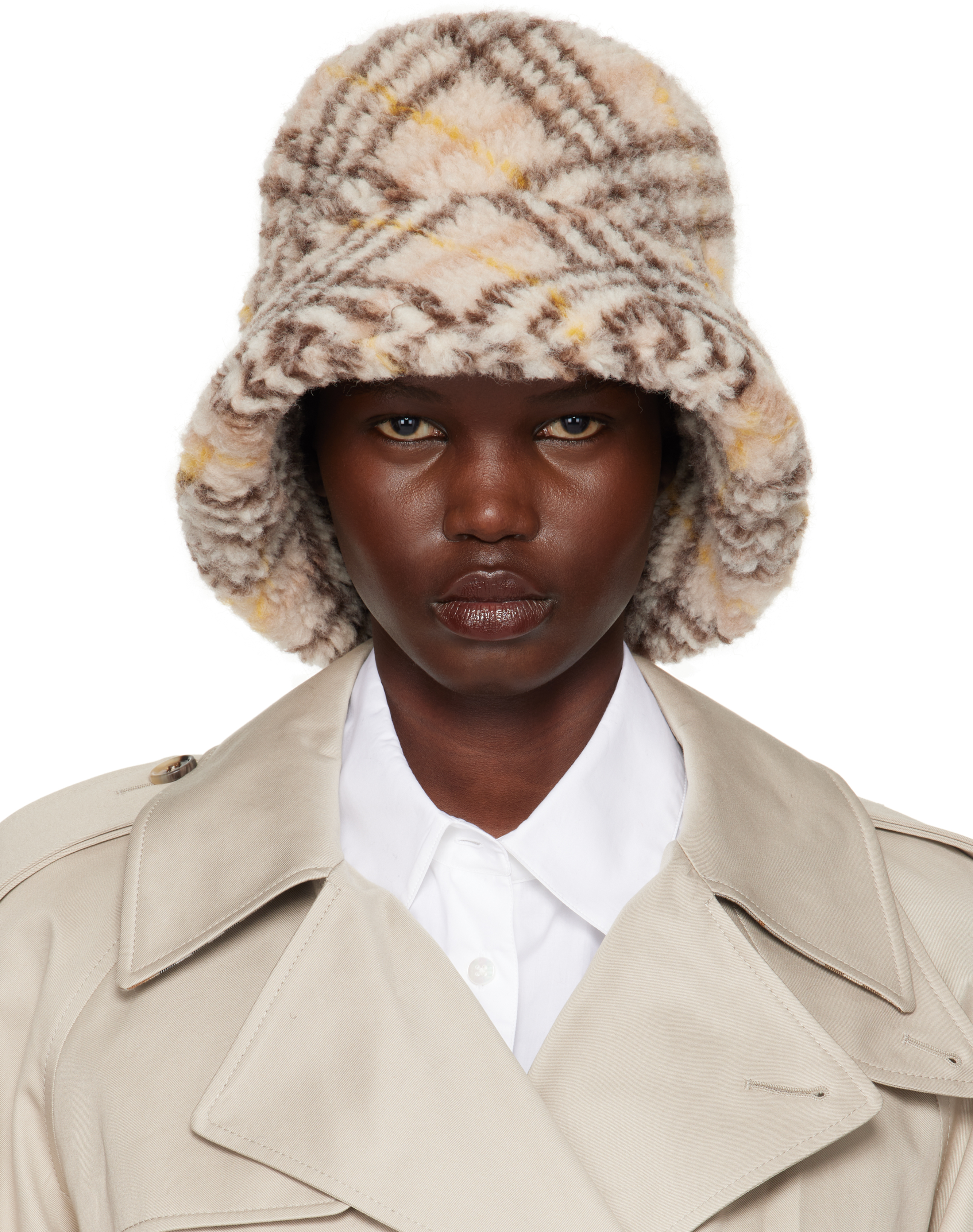 Beige Check Fleece Bucket Hat