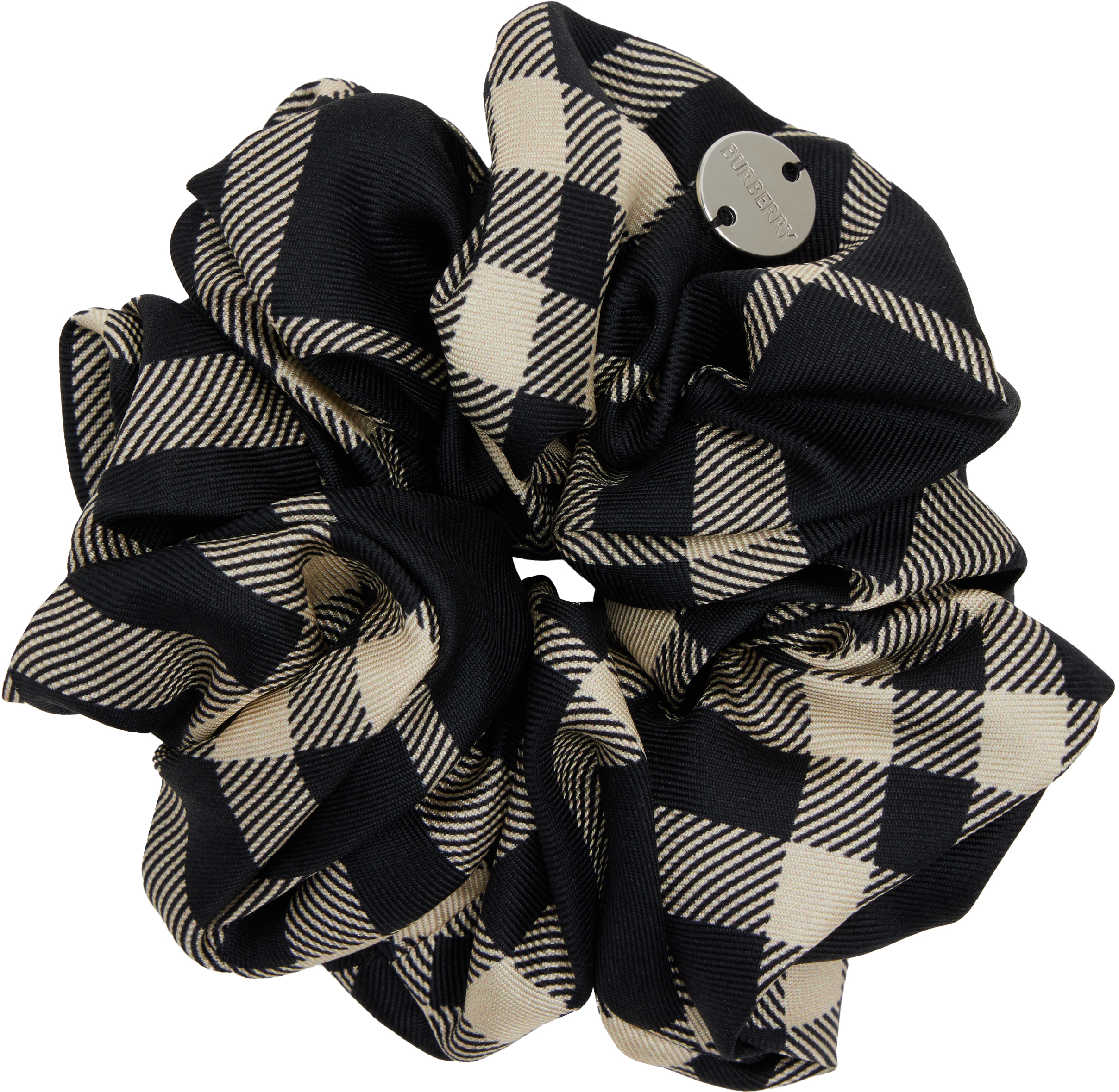 Beige & Black Check Silk Scrunchie