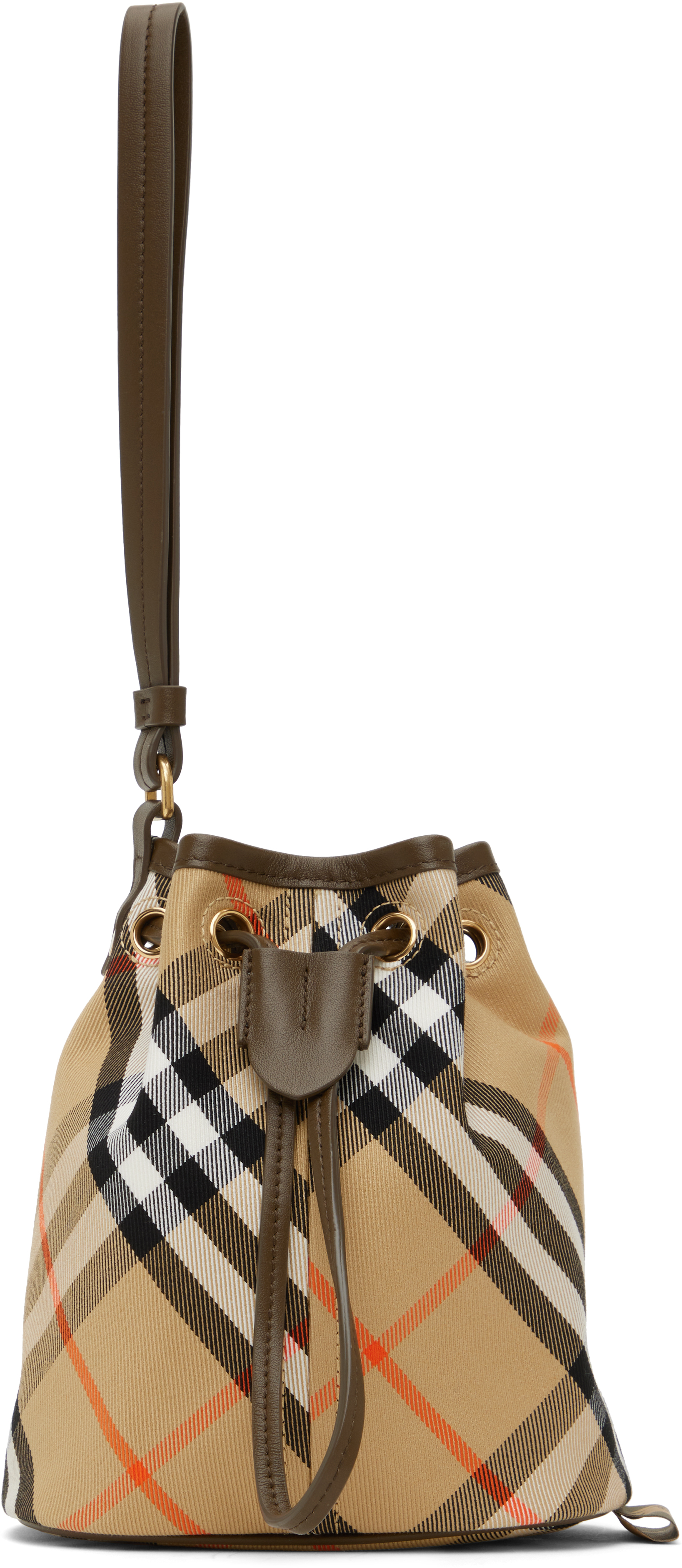 Beige Check Drawstring Pouch by Burberry on Sale