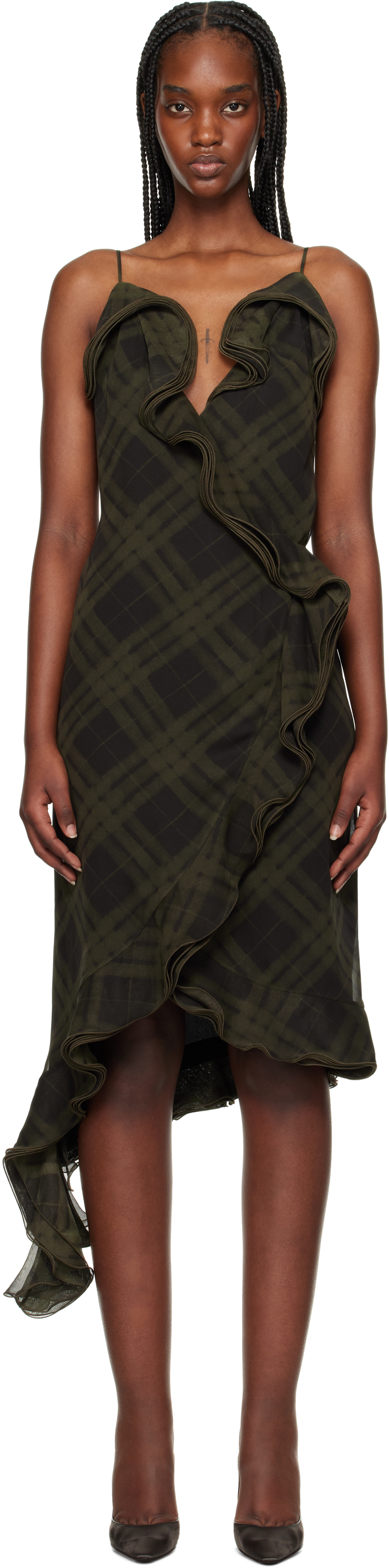 Green Check Silk Wrap Midi Dress