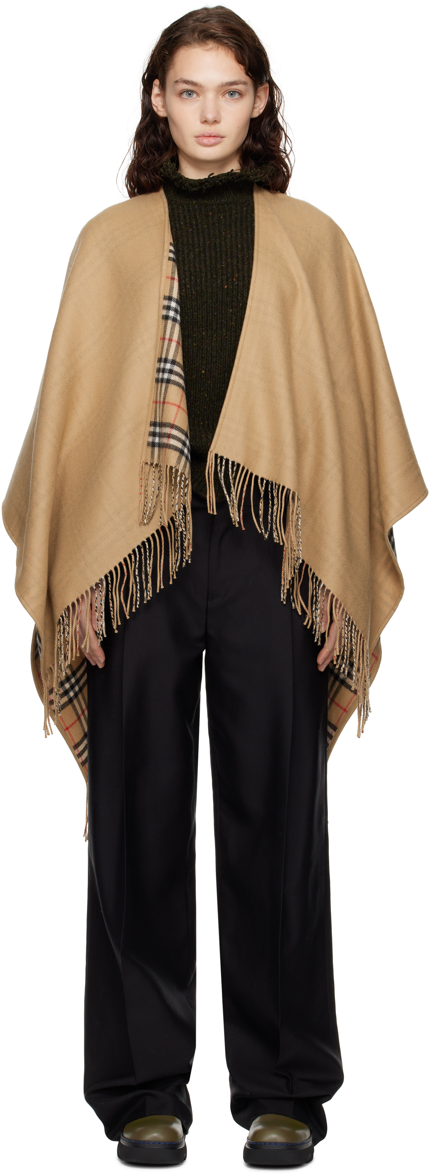 Beige Check Wool Reversible Cape