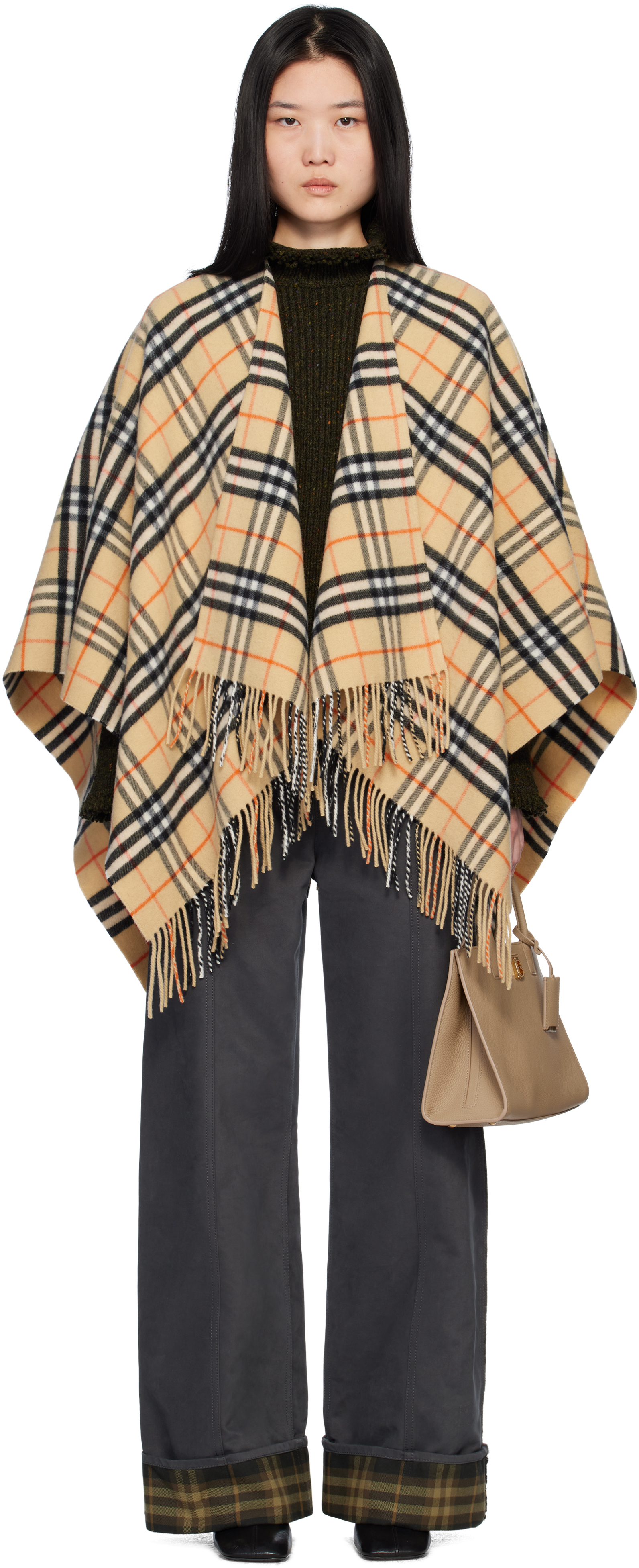 Beige Check Wool Cashmere Cape Coat