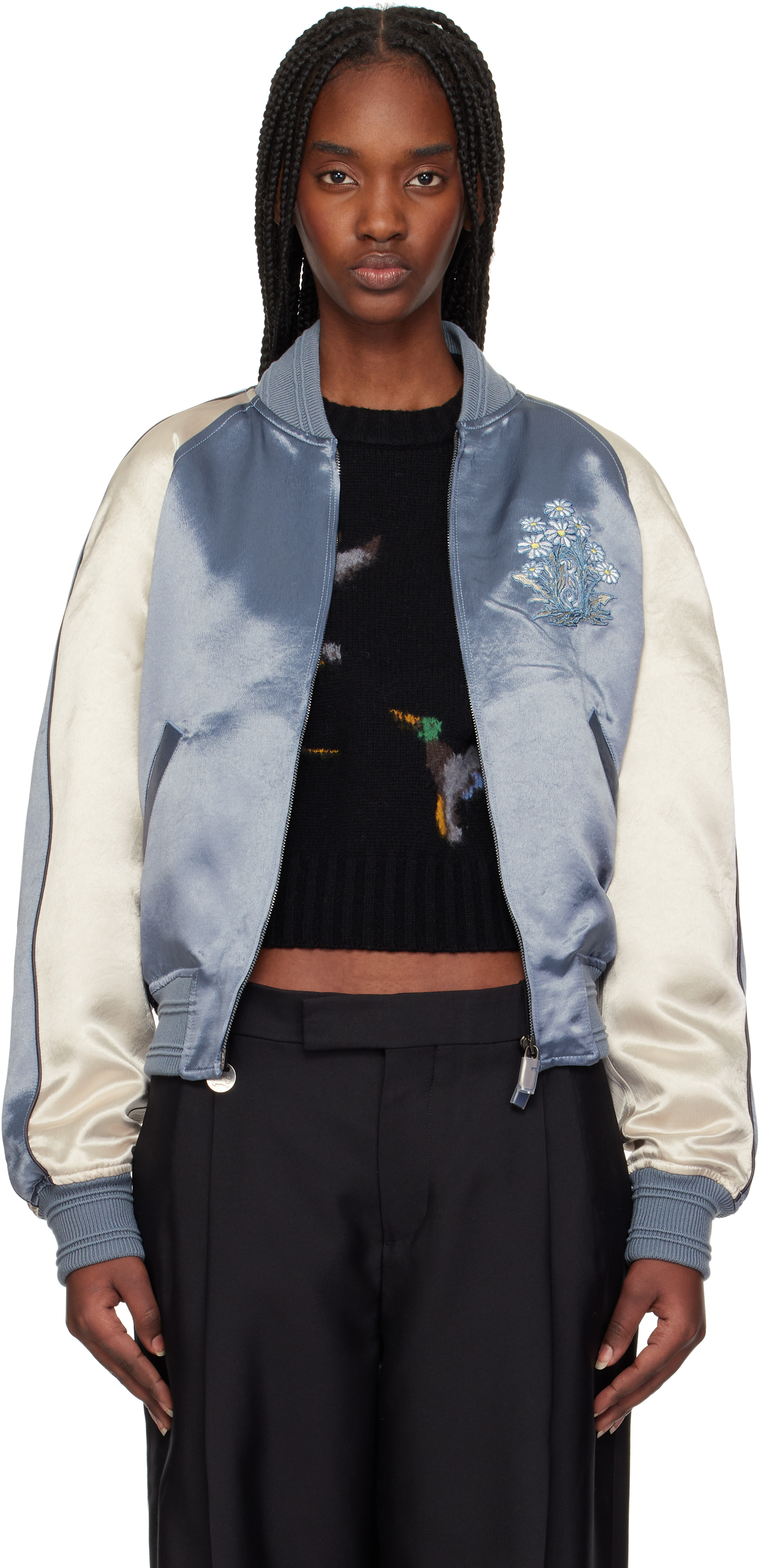 BURBERRY BLUE & OFF-WHITE EKD SATIN BOMBER JACKET