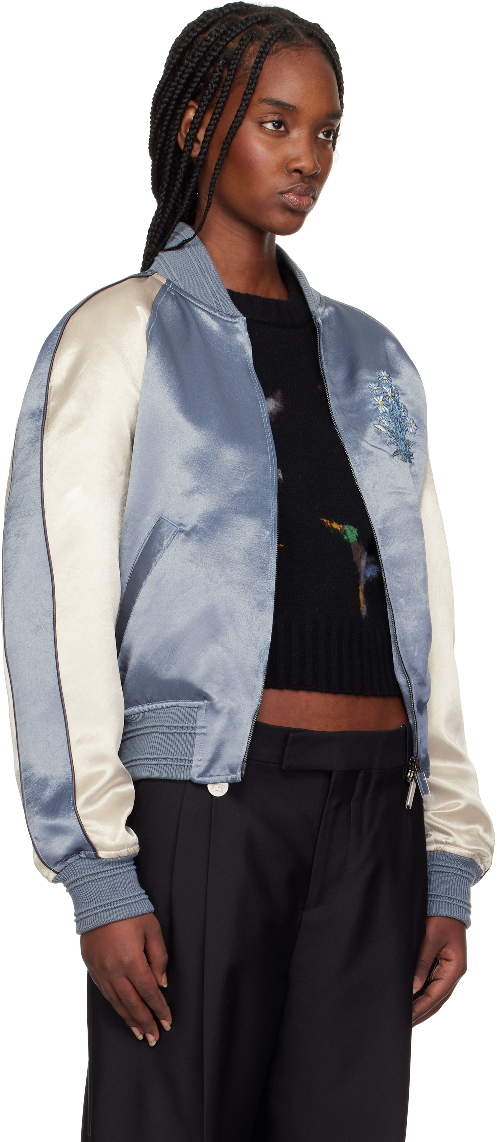 BURBERRY BLUE & OFF-WHITE EKD SATIN BOMBER JACKET