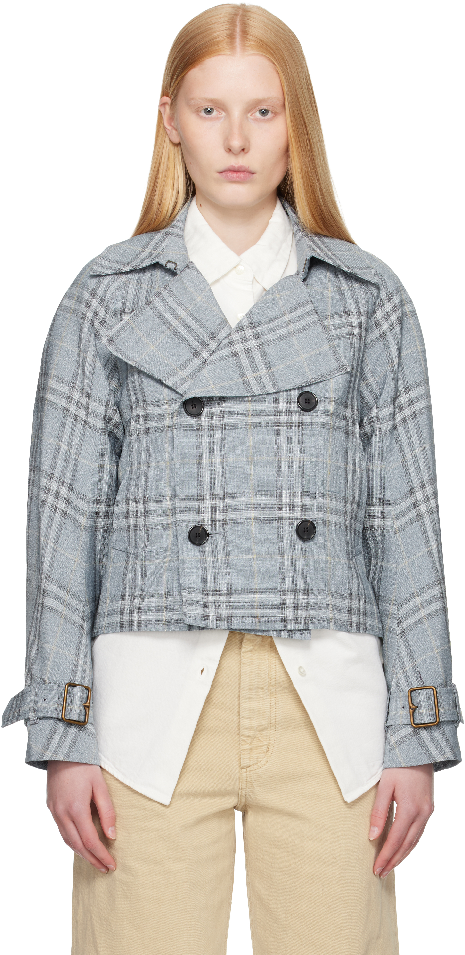 Blue Check Silk Blend Trench Jacket