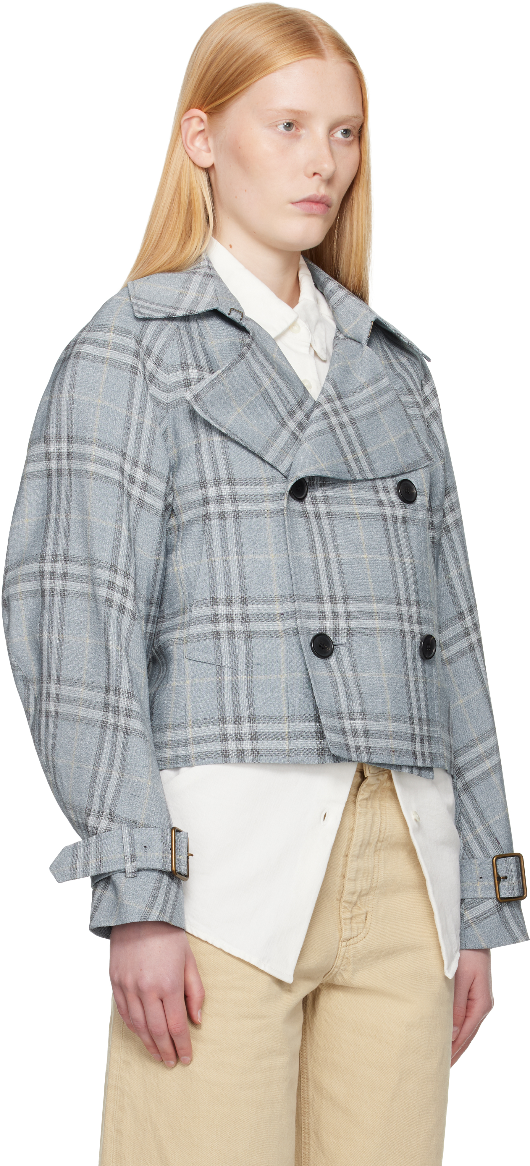 Shop Burberry Blue Check Silk Blend Trench Jacket