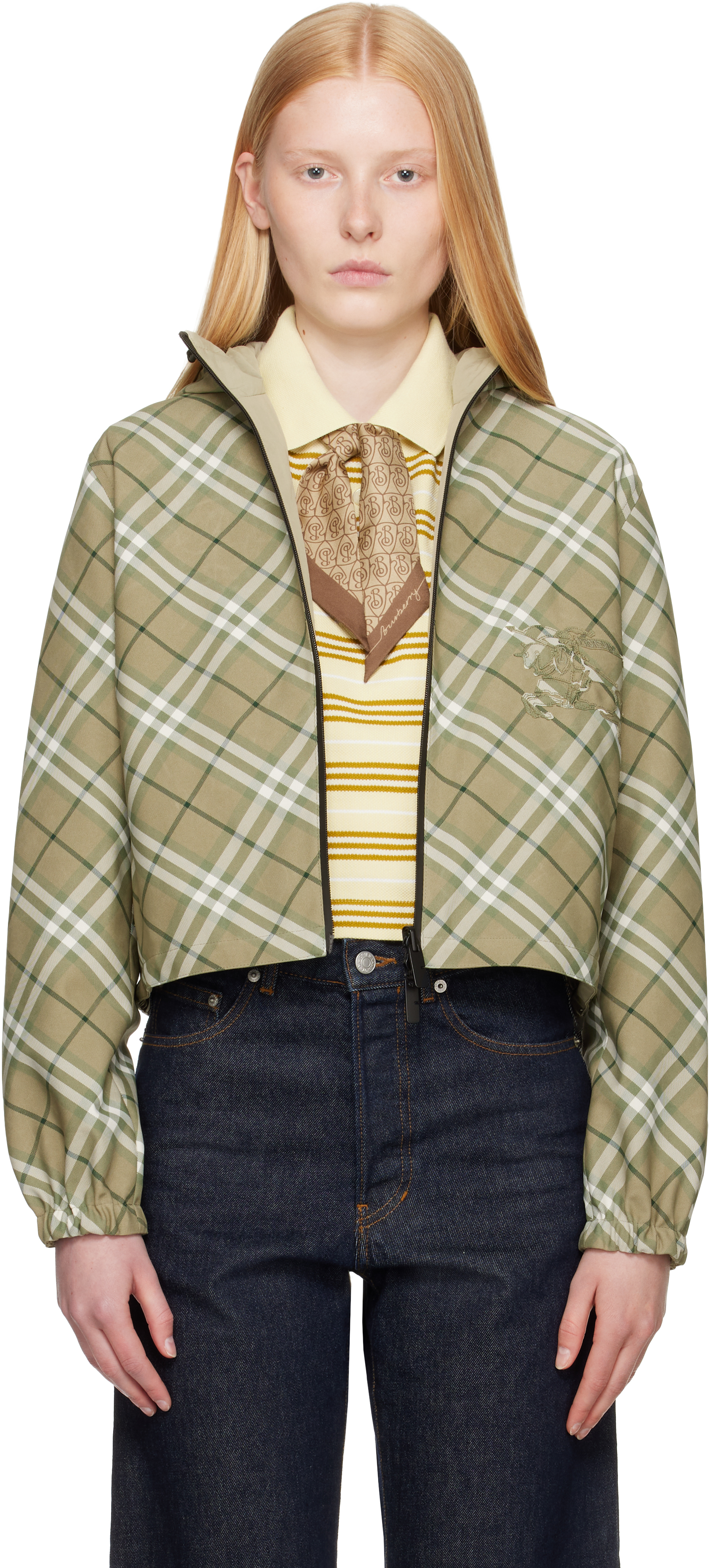 Green Cropped Check Reversible Hoodie