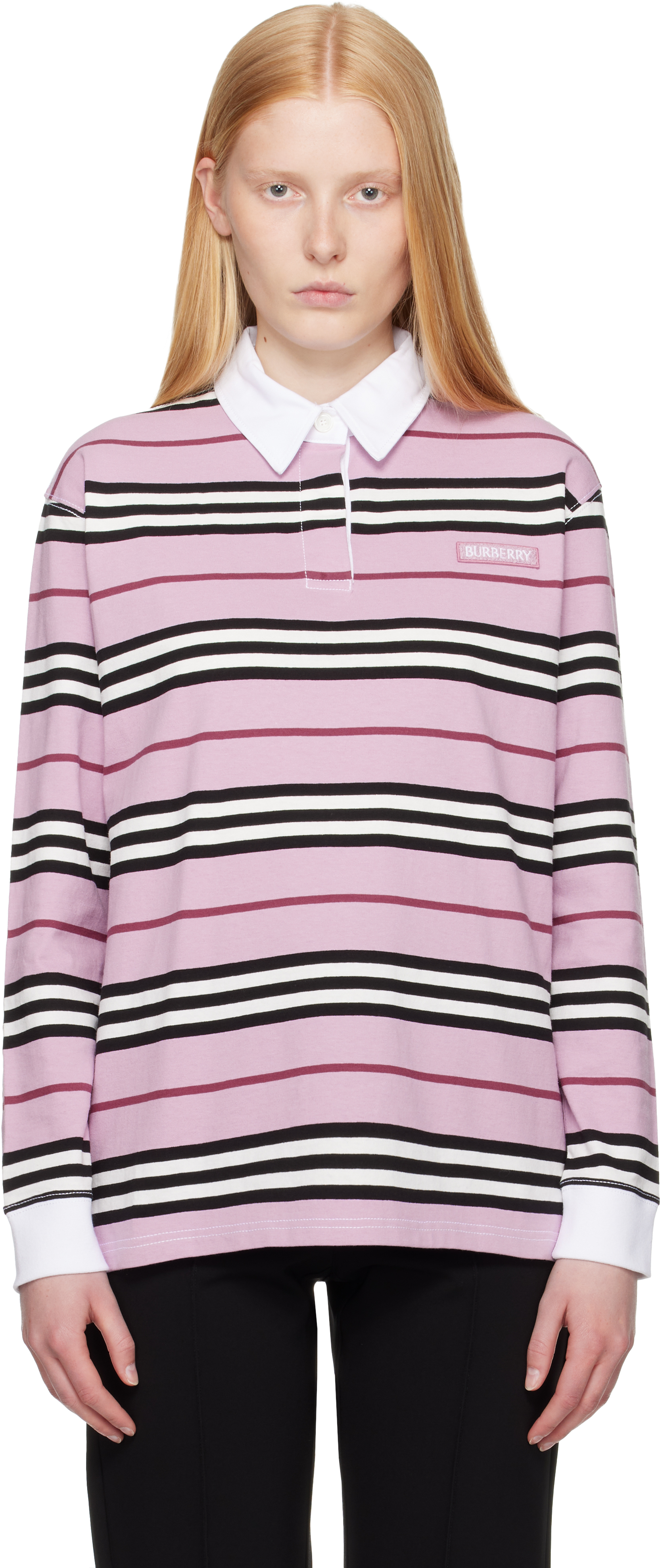 Burberry Pink Long-sleeve Striped Cotton Polo