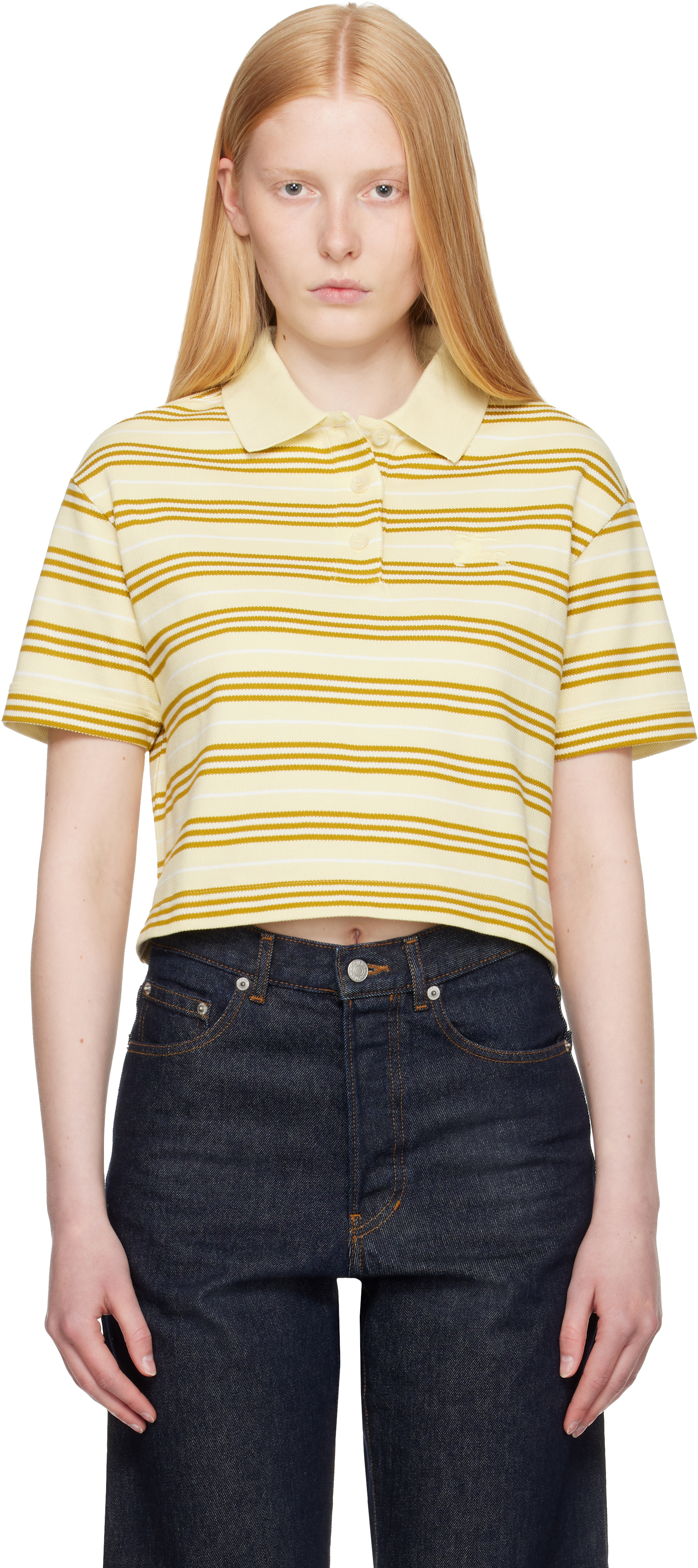 BURBERRY YELLOW CROPPED STRIPED COTTON POLO