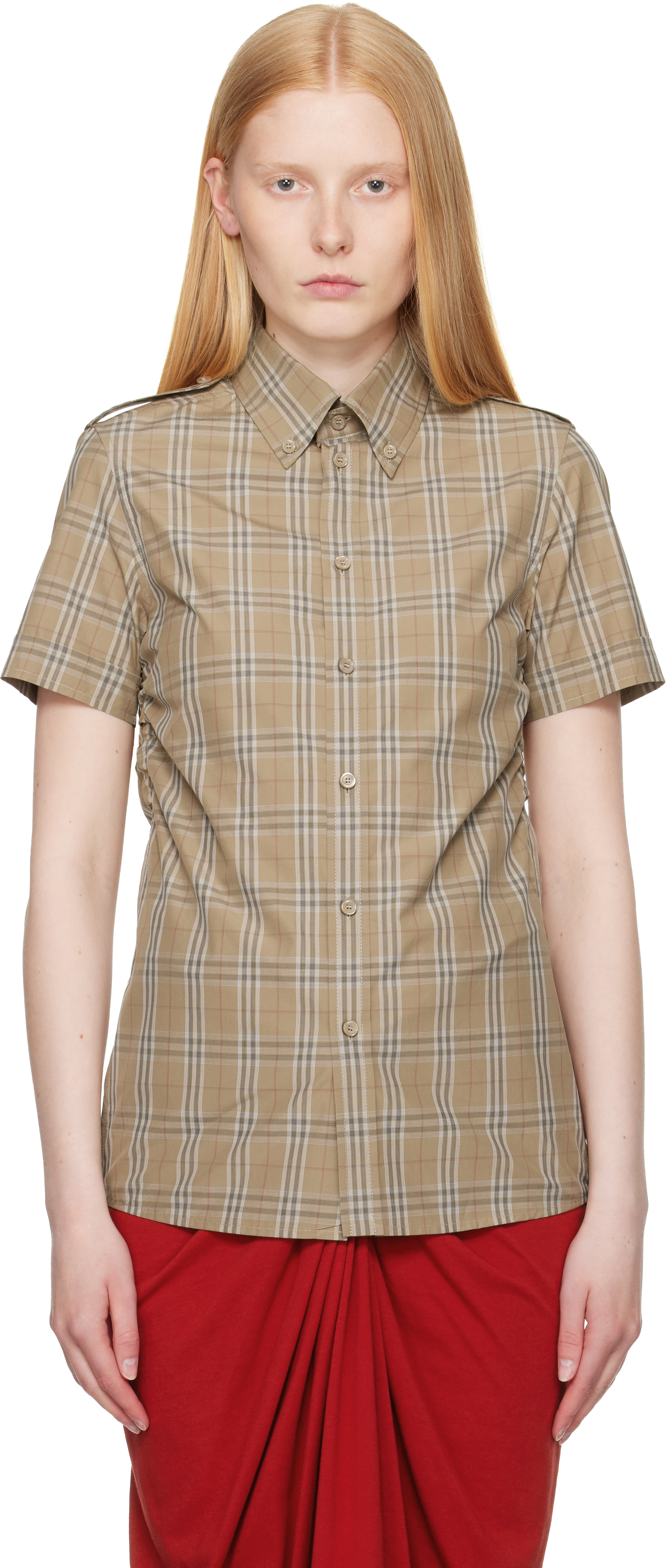 Taupe Slim Fit Check Cotton Shirt