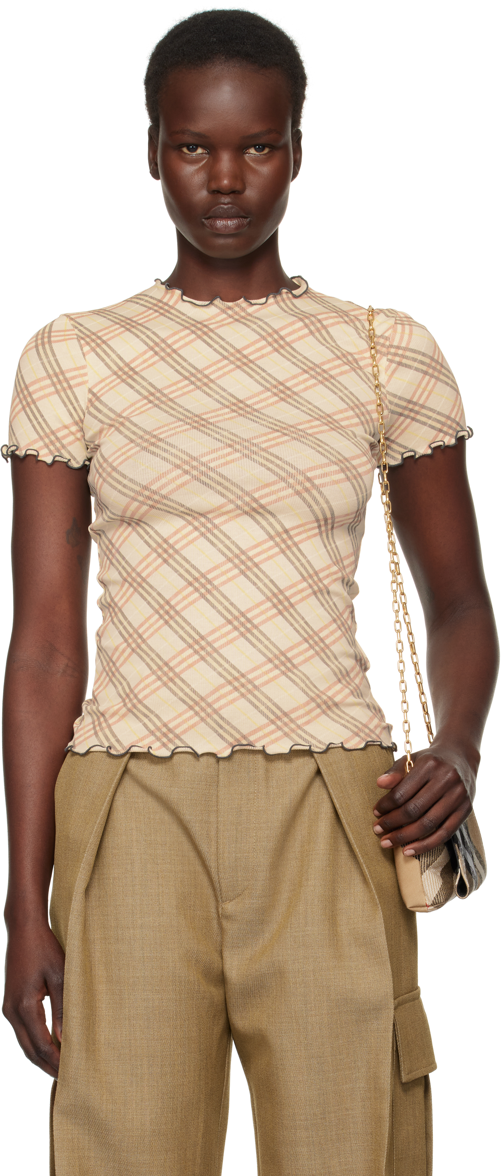 Beige Check Stretch Cotton T-shirt