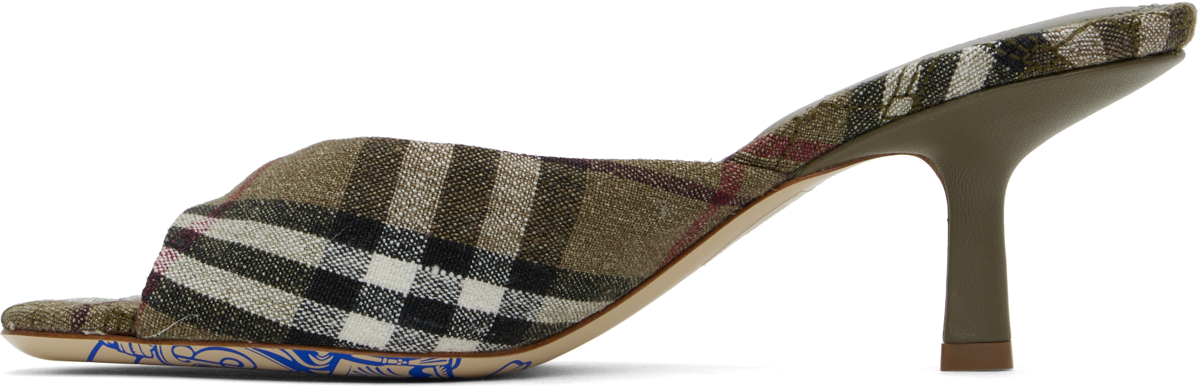 Burberry Khaki Check Linen Blend Mews High Mules In Brush Ip Check