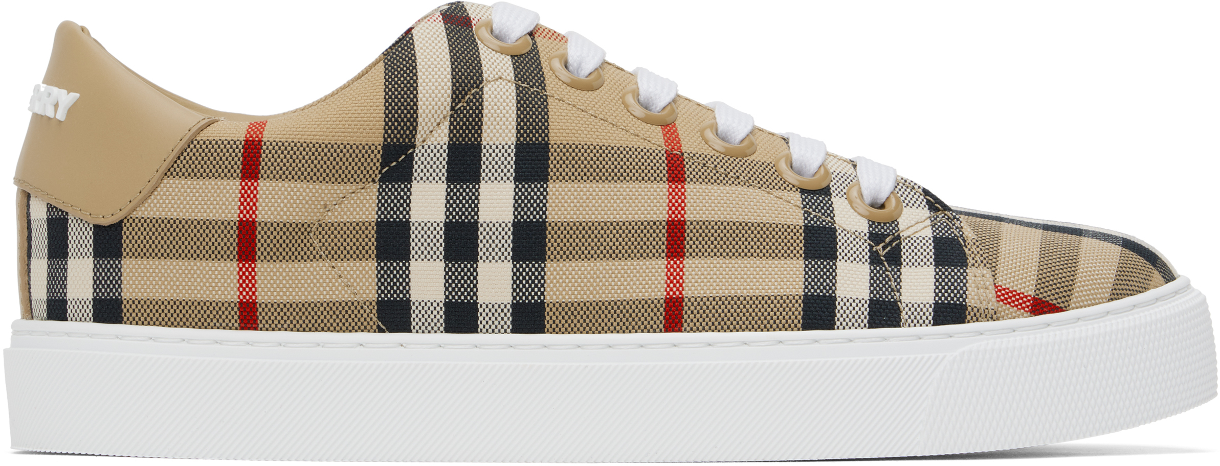 Beige Check & Leather Sneakers