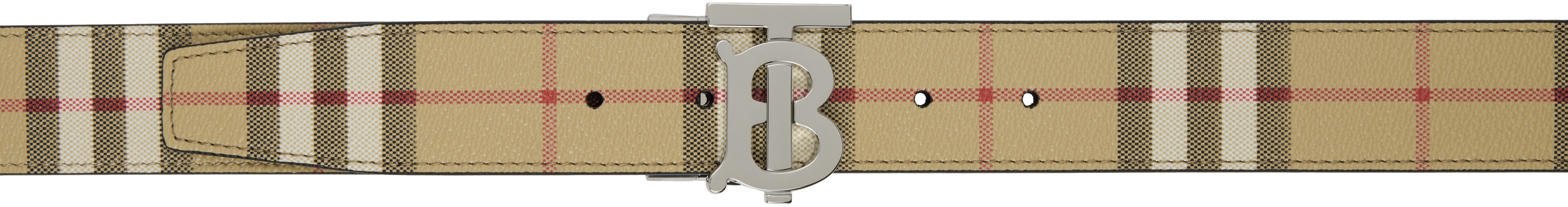 Beige & Black Check & Leather Reversible 'TB' Belt