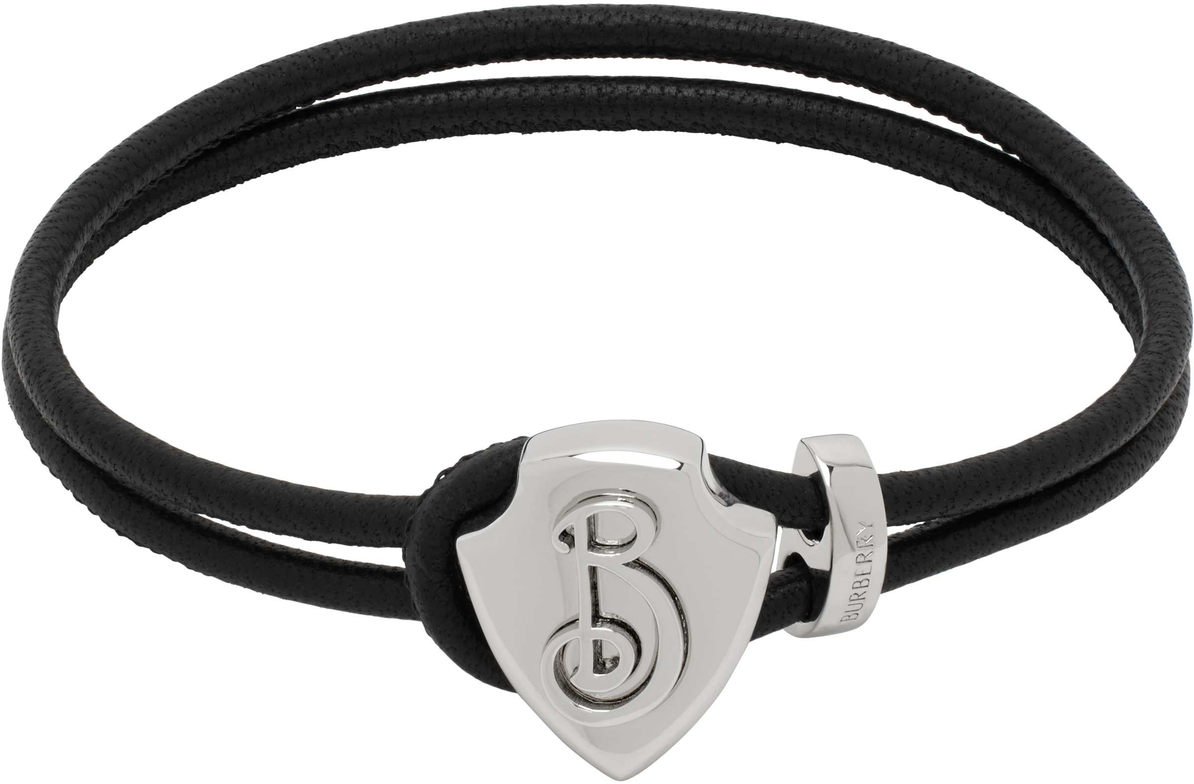 Burberry Black Leather B Shield Bracelet In Silver/black