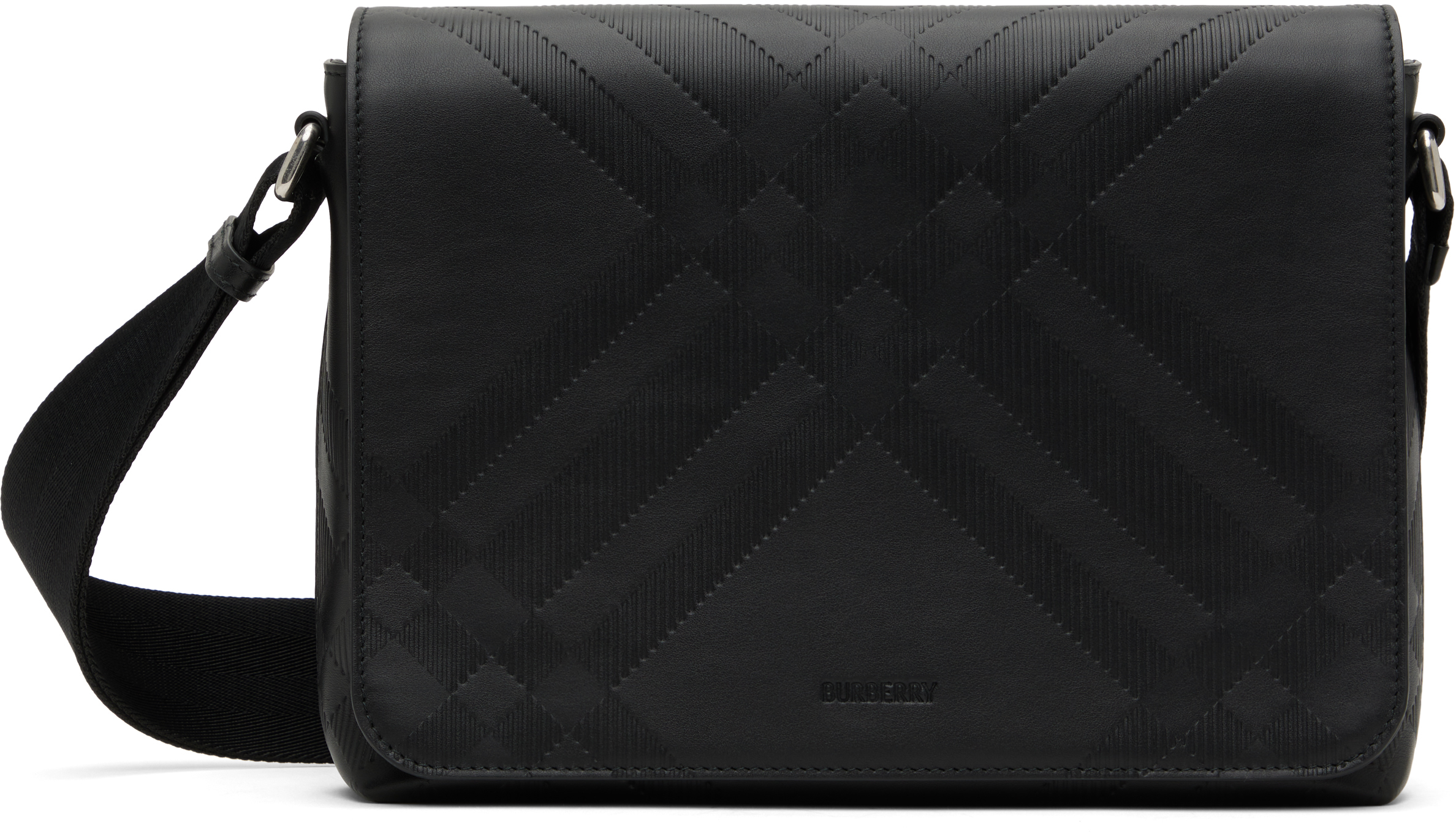 【BURBERRY】EMBOSSED CHECK MESSENGER BAG Black Embossed Check Messenger Bag by Burberry on Sale