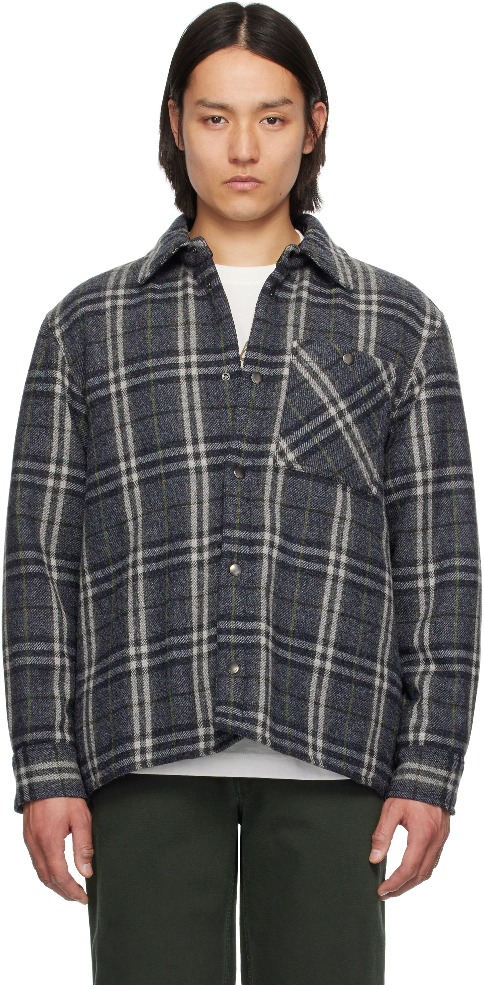 Burberry Navy Check Wool Overshirt In Indigo Ip Check