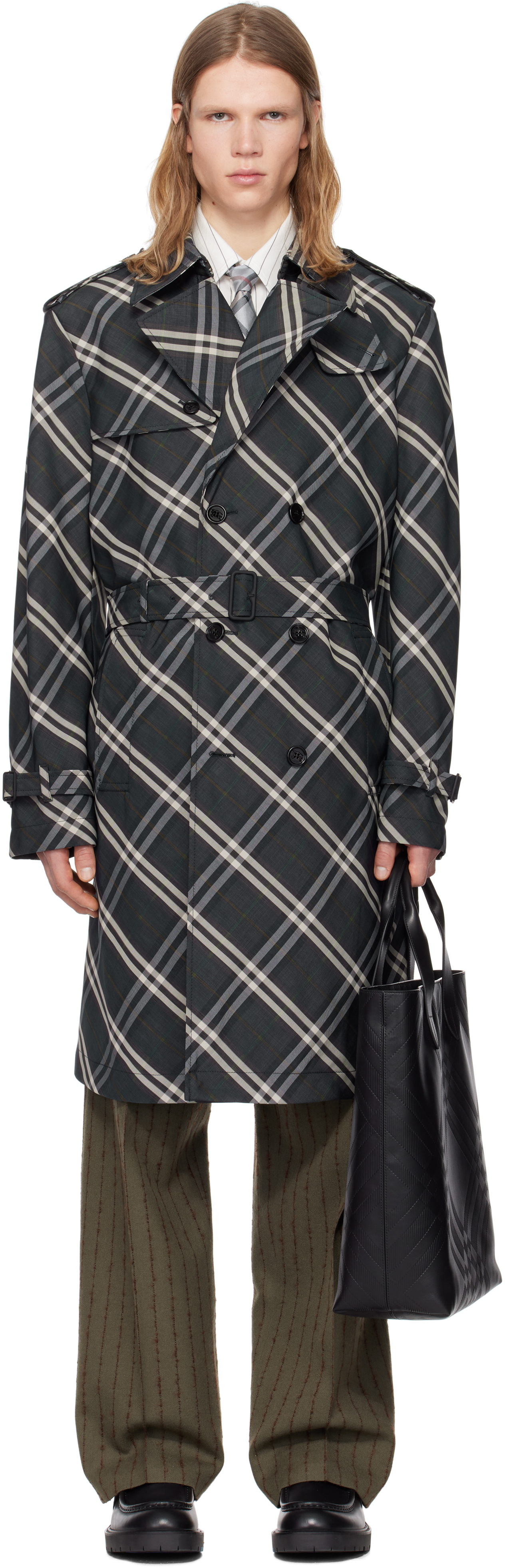 【関税込み】Burberry ネイビー ロング チェック トレンチコート ロング チェック コットンブレンド トレンチコート (スナッグ