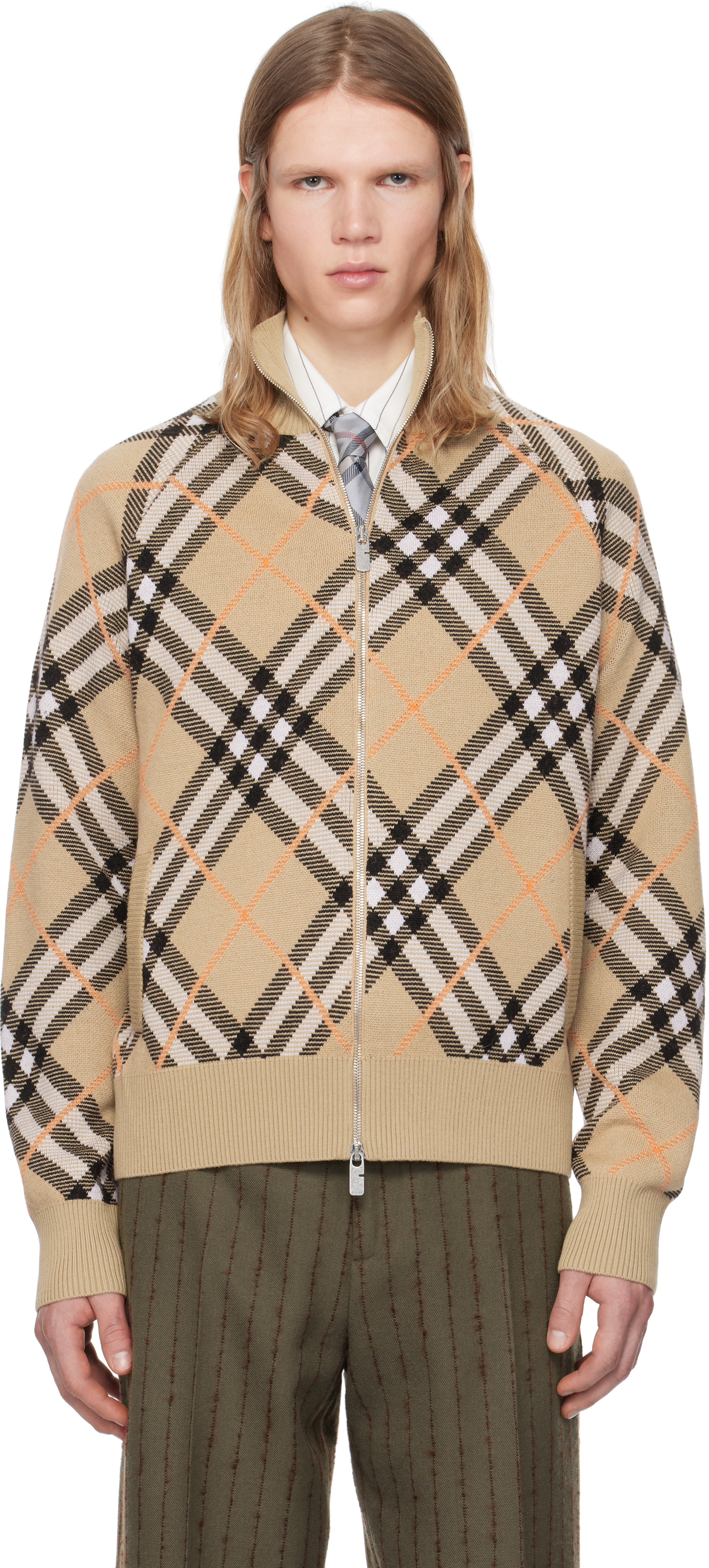 Burberry: Beige Check Wool Mohair Blend Jacket | SSENSE Burberry: Beige Check Wool Mohair Blend Jacket | SSENSE
