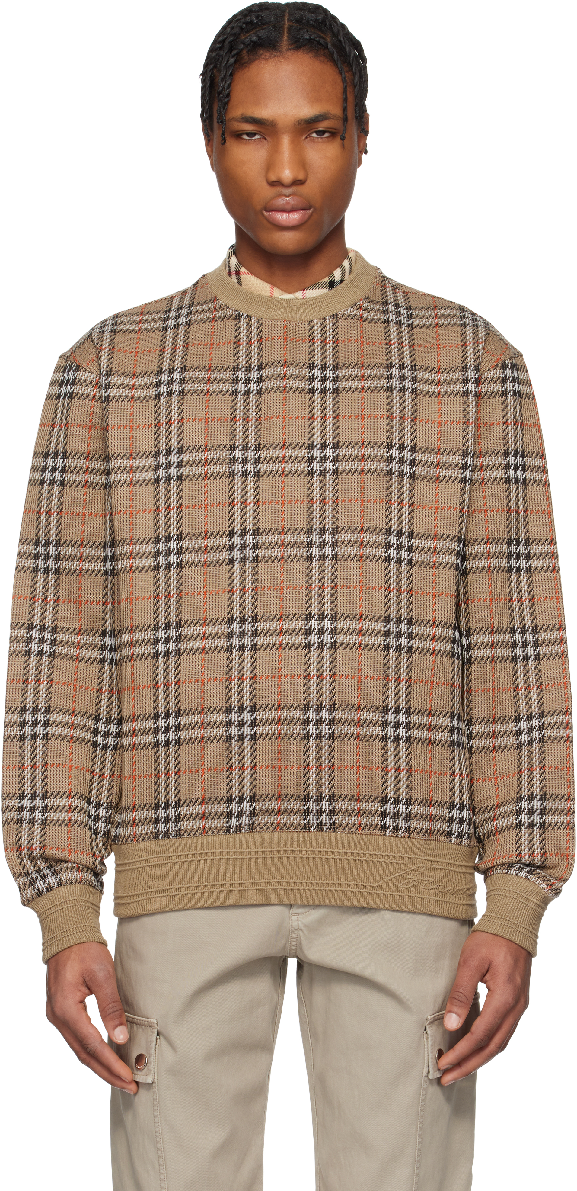 【送料&関税込】Burberry Brown Cotton Blend Sweatshirt Brown Check Cotton Blend Sweater by Burberry on Sale