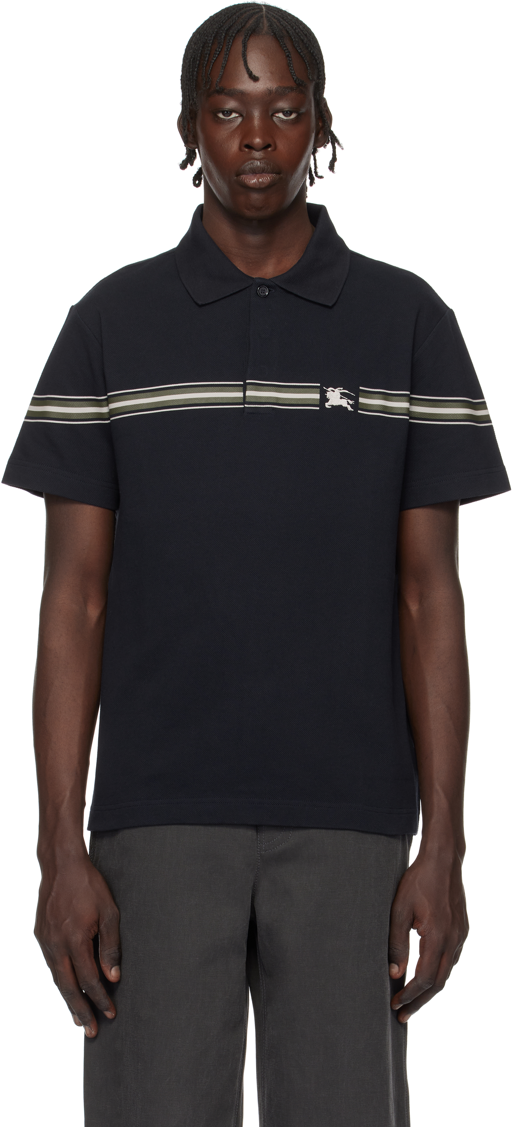 BURBERRY ネイビー ポロシャツ M Check Collar Cotton Polo Shirt in Smoked navy - Men | Burberry