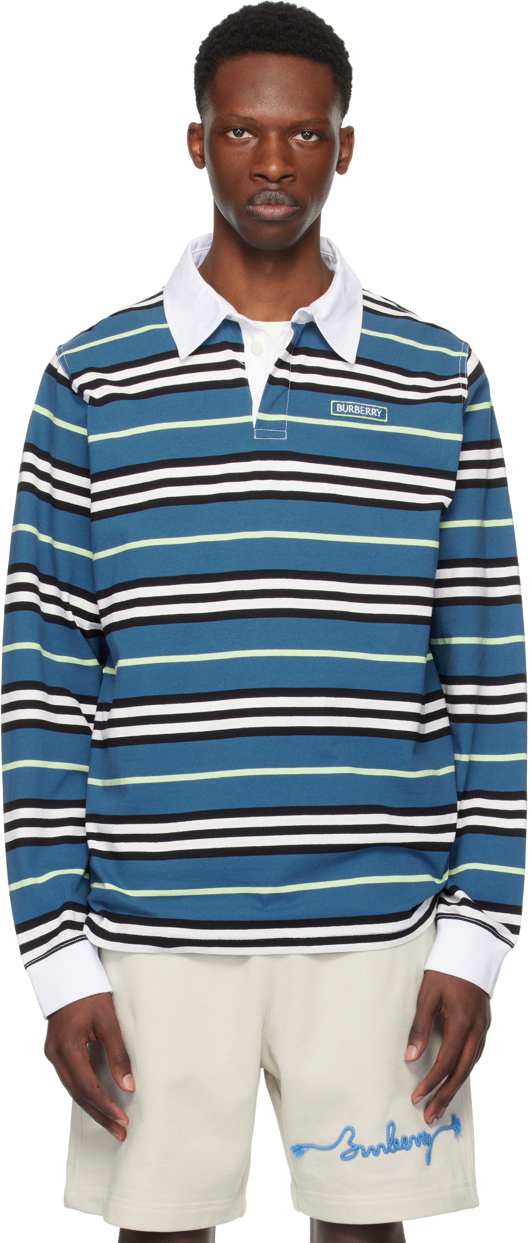 Navy & Off-White Long-Sleeve Striped Cotton Polo