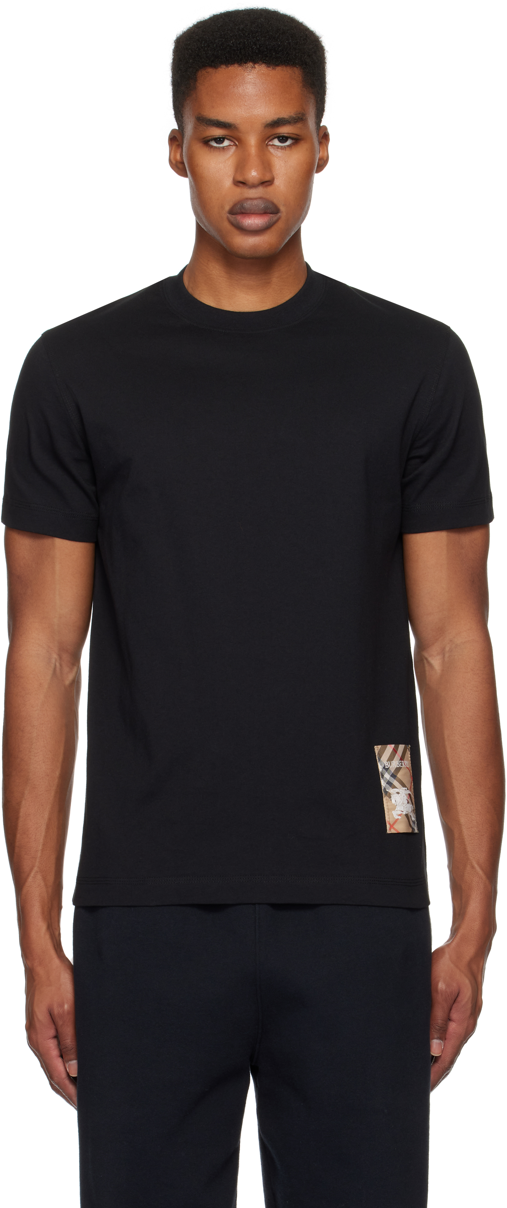 Burberry: Black Check Label Cotton T-shirt | SSENSE