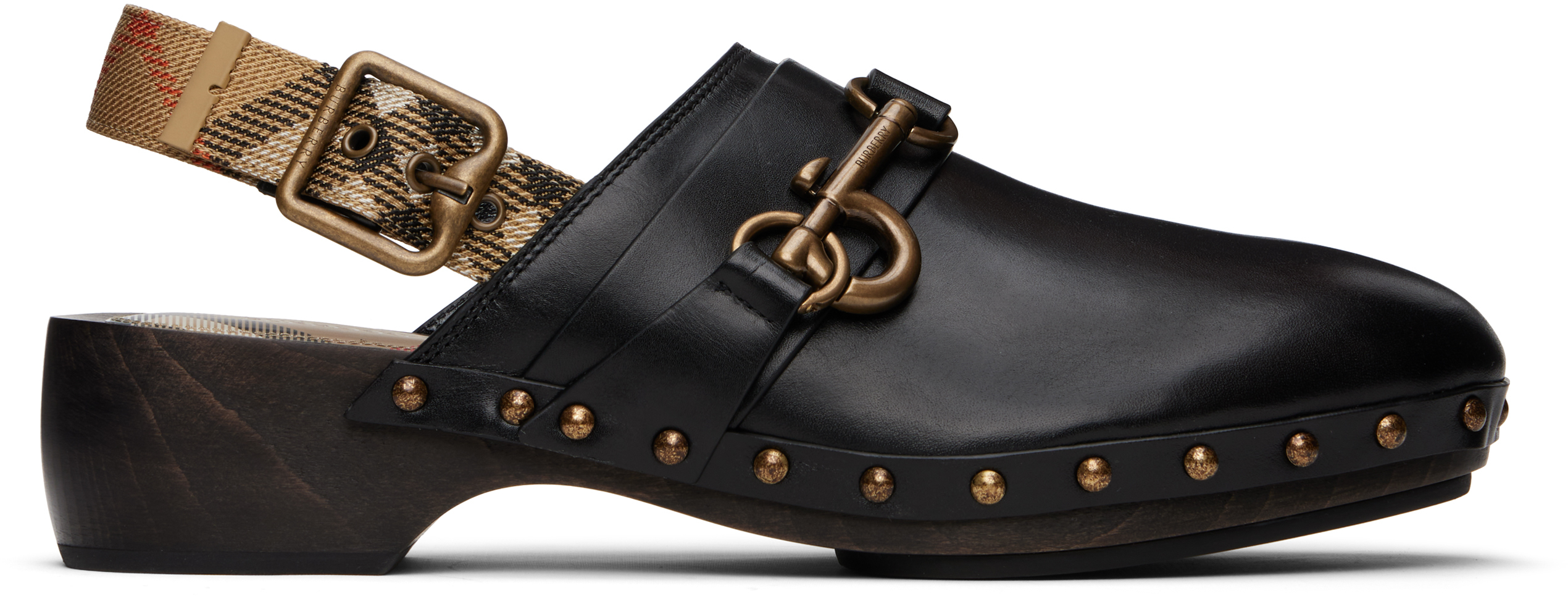 Black Leather Trunk Strap Clogs