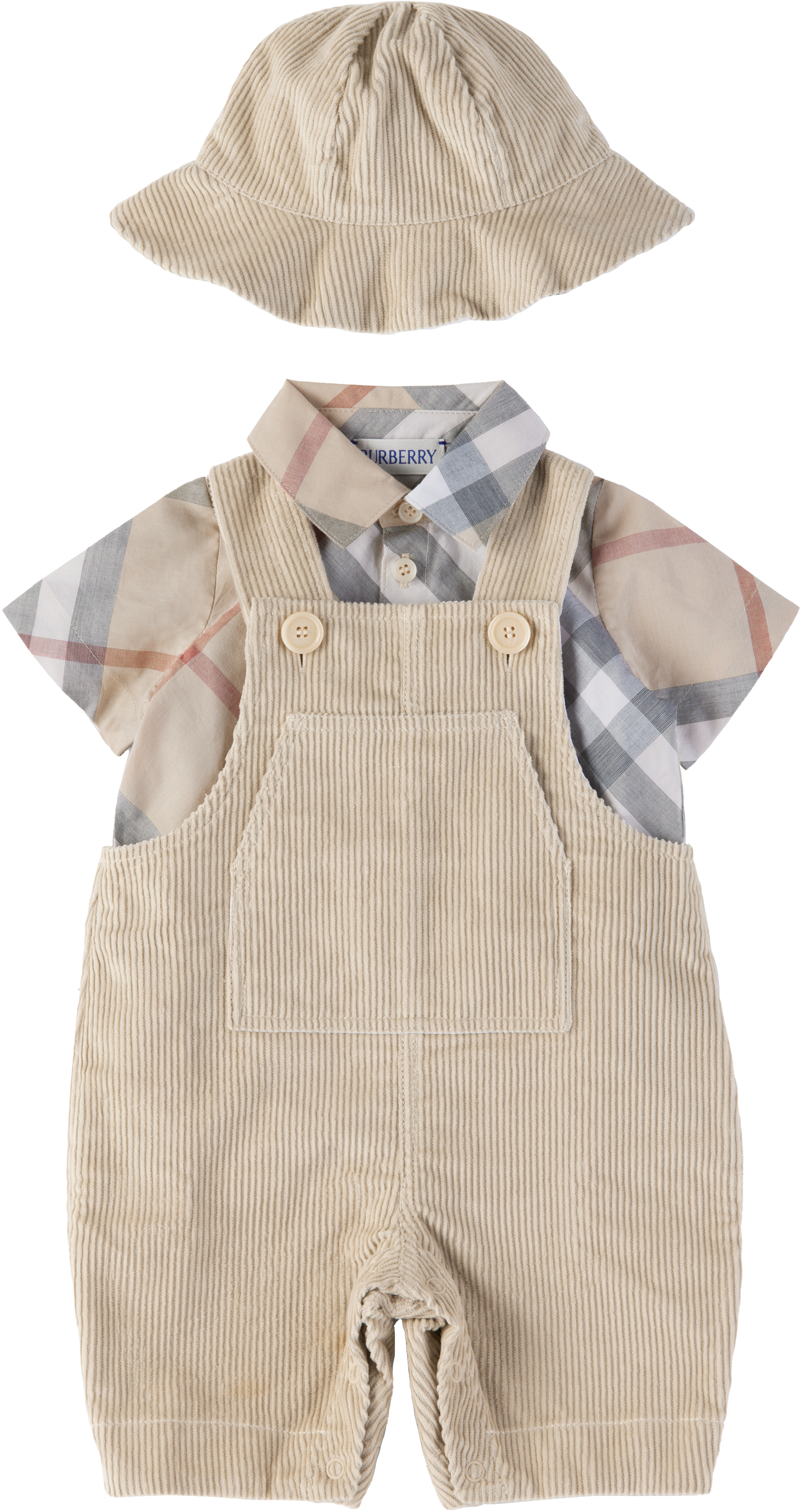 Burberry Baby Beige Cotton Overalls Set In Pale Stone