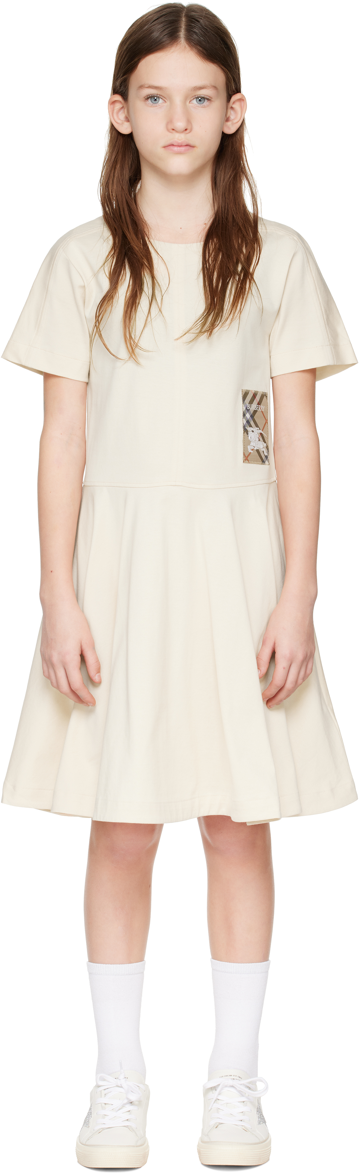 Burberry Kids Beige Check Label Cotton Dress In Calico