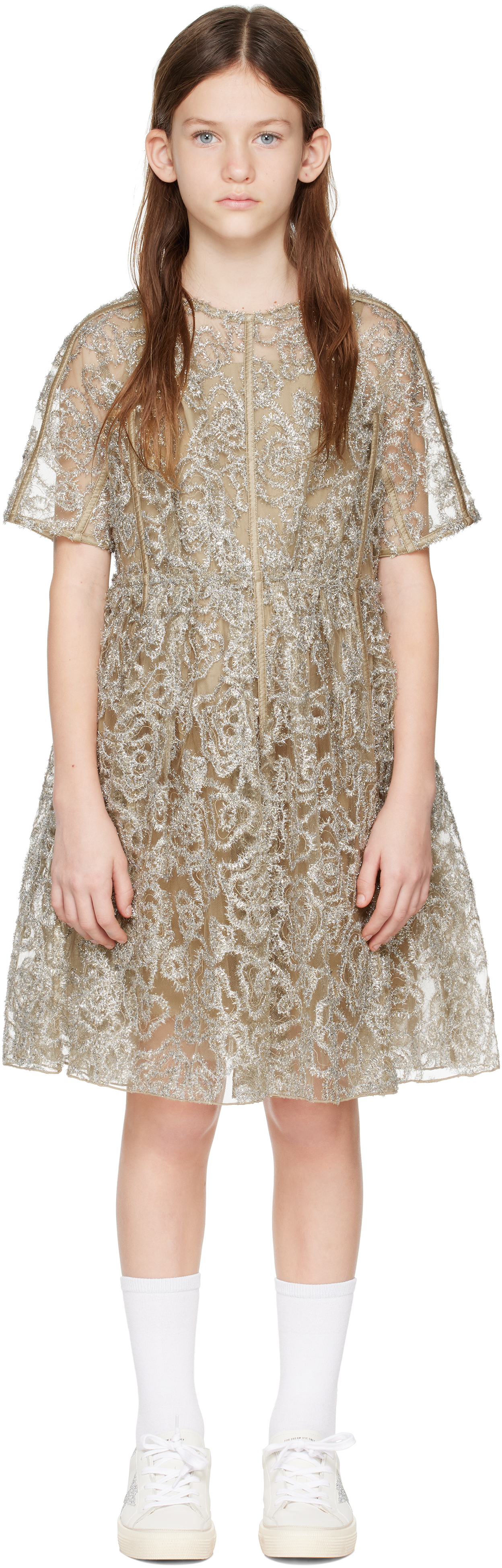 Burberry Kids Beige & Gold Metallic Dress In Sand Ip Pat