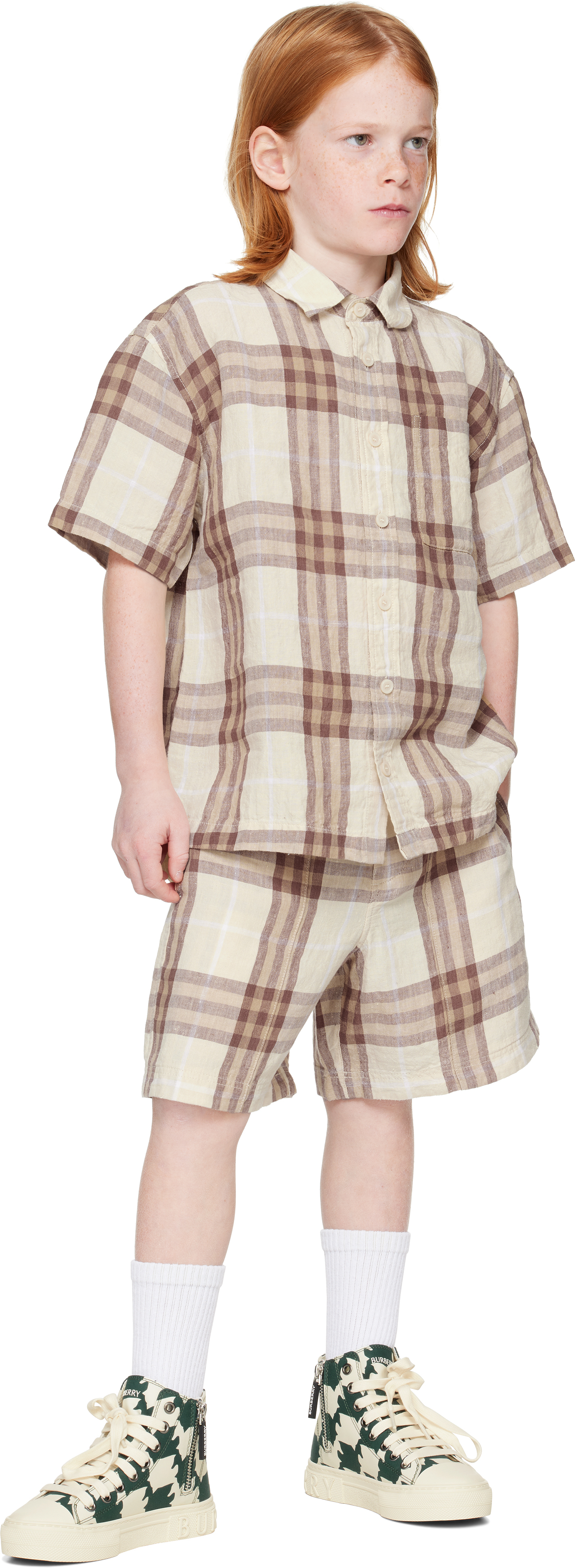 Burberry Kids Beige Check Linen Shirt In Wren Ip Check
