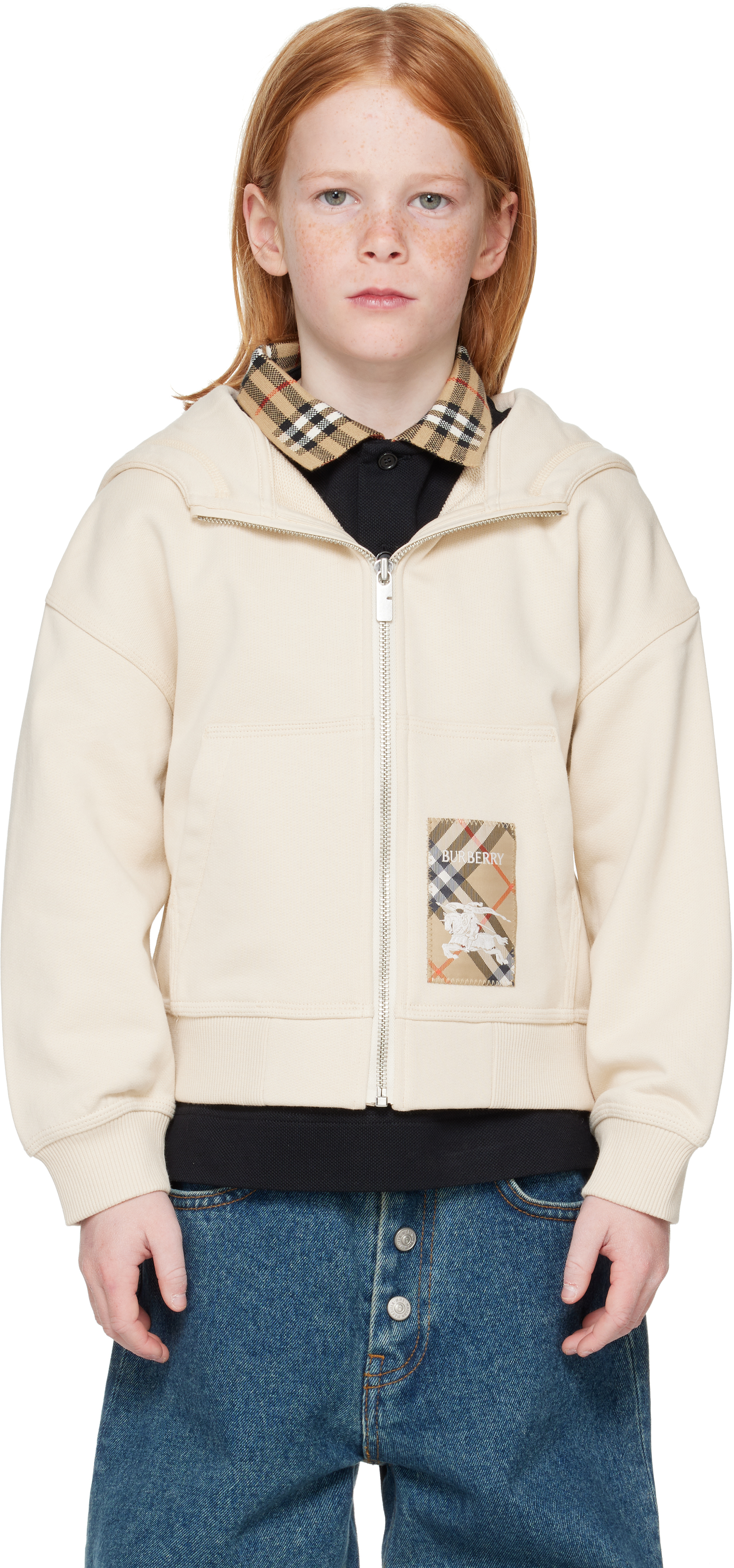 Burberry Kids Beige Check Label Cotton Zip Hoodie In Calico