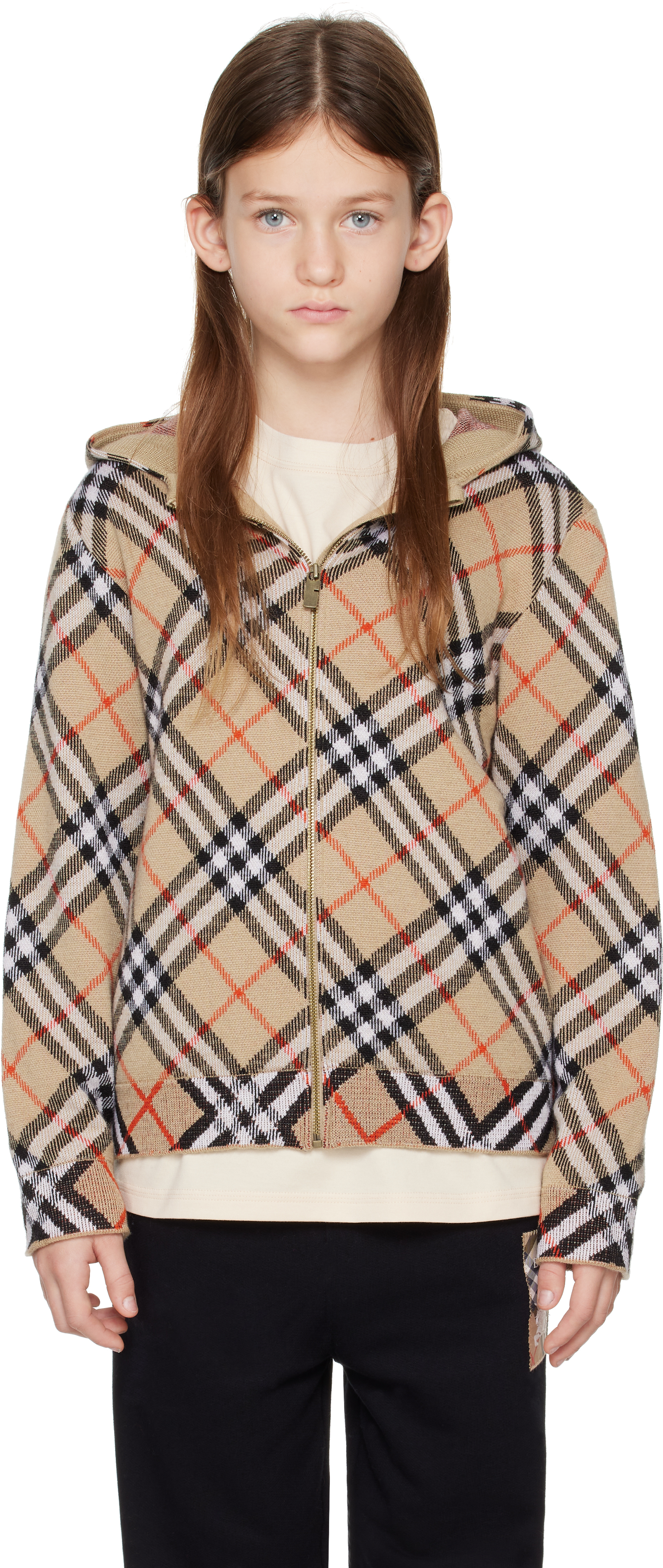 Burberry Kids Beige Check Wool Zip Hoodie In Sand Ip Check
