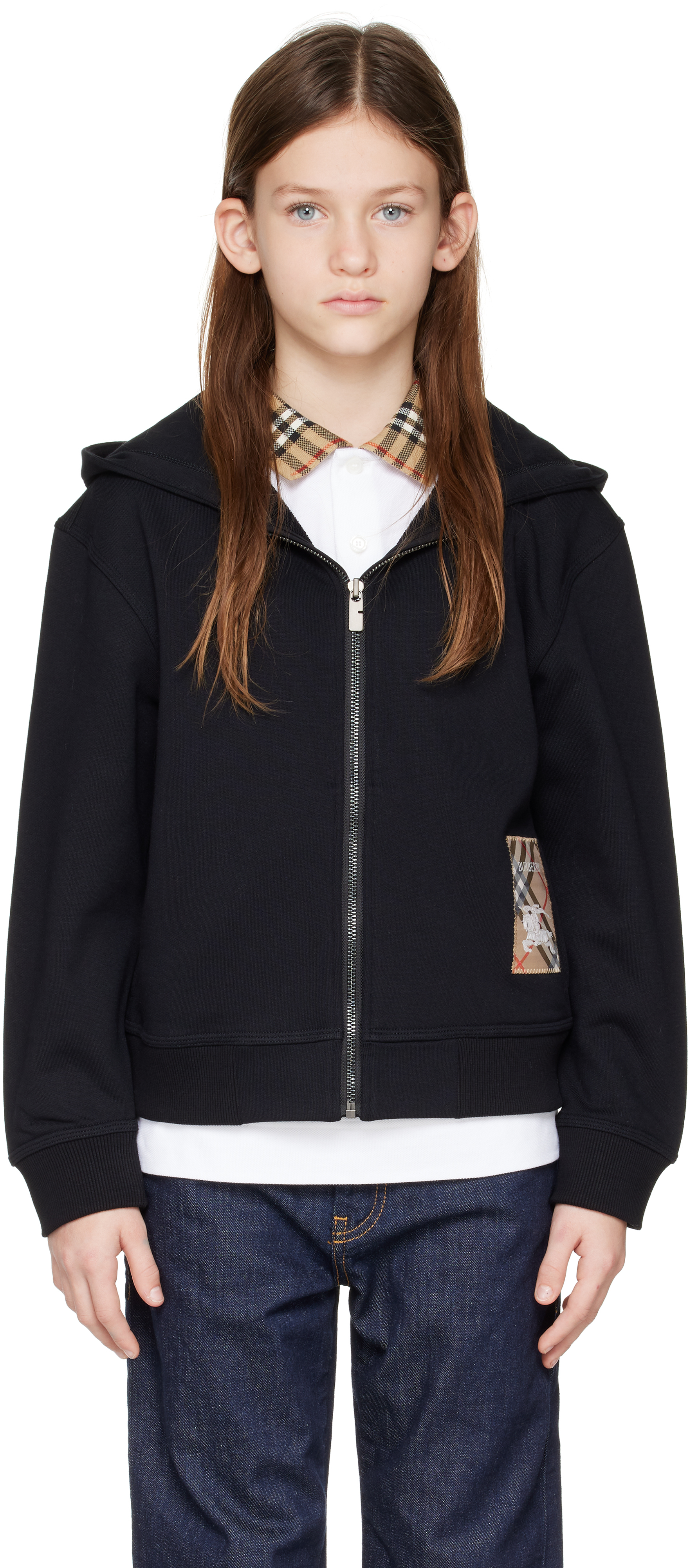 Burberry Kids Black Check Label Cotton Zip Hoodie