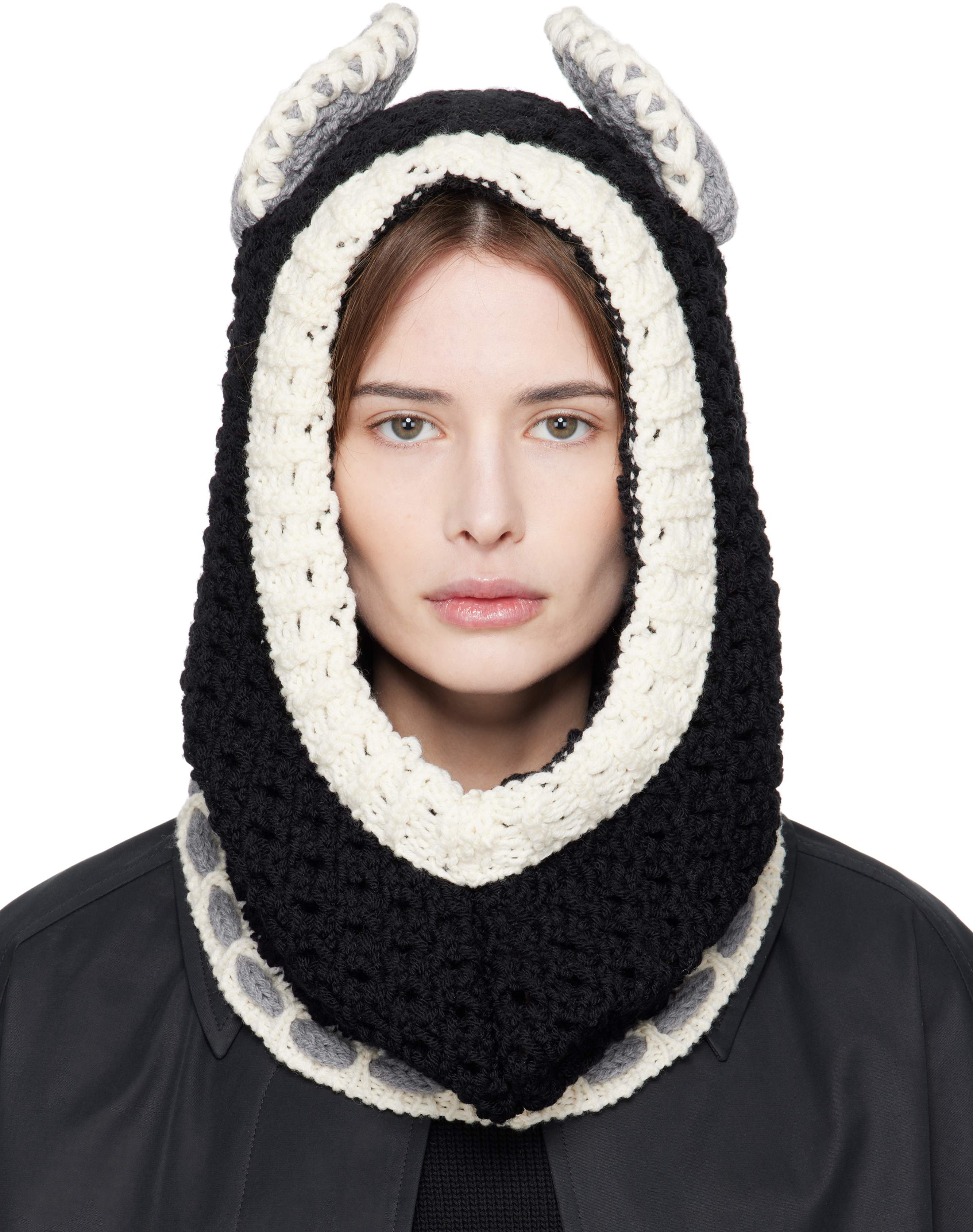 Black & Off-White Wool Ears Balaclava