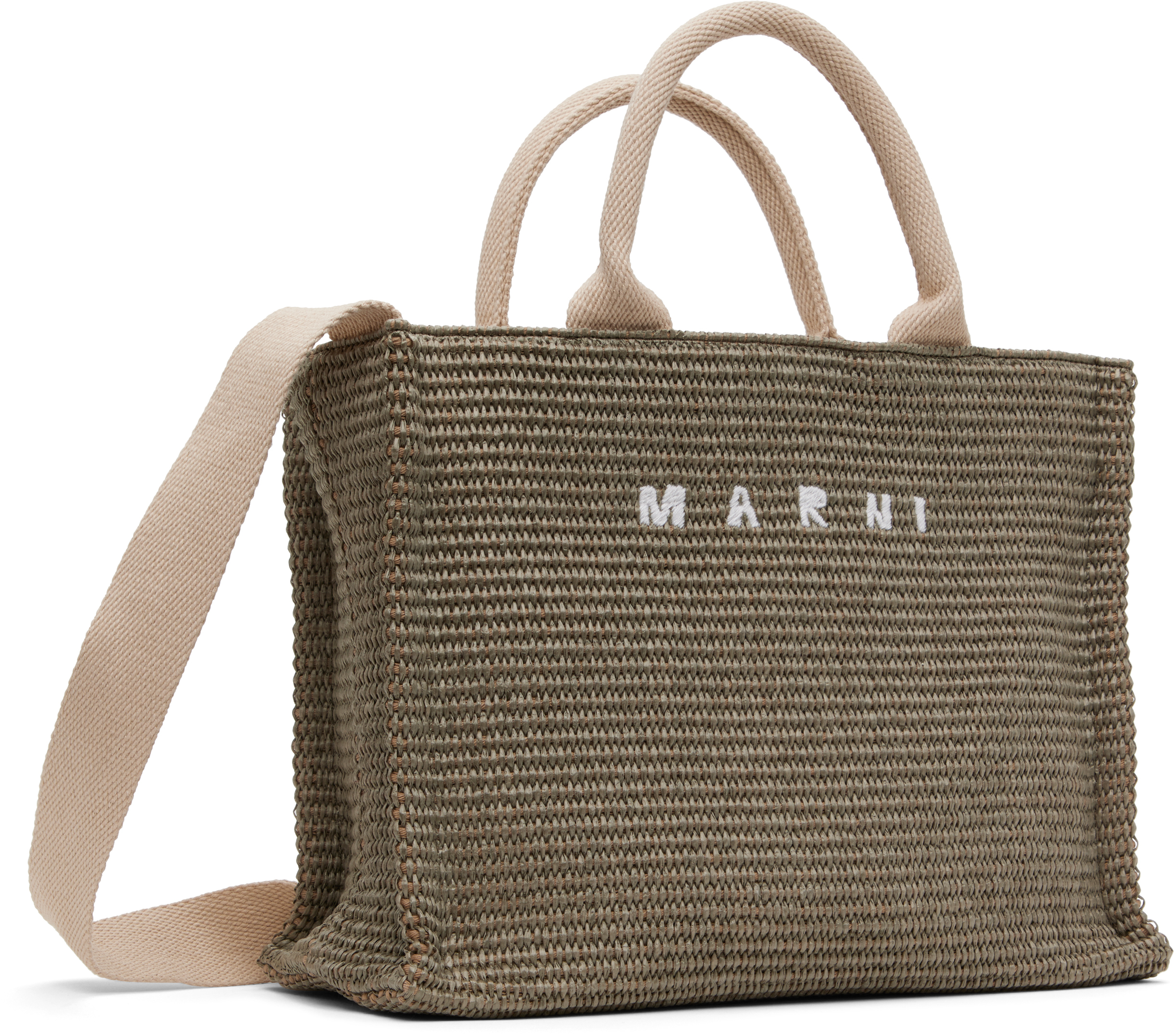 Shop Marni Khaki Raffia-effect Small Tote In 00v51 Dusty Olive
