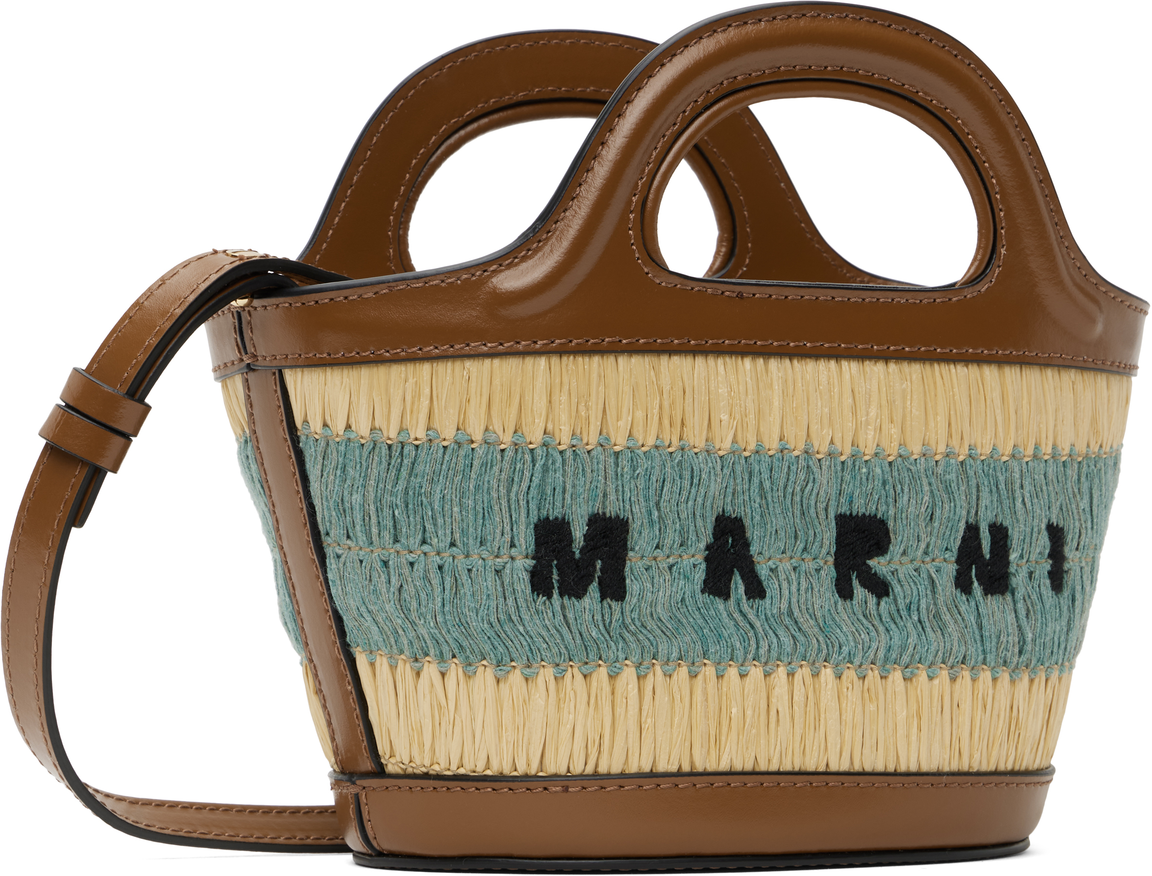 MARNI TAN & BLUE RAFFIA-EFFECT TROPICALIA MICRO TOTE