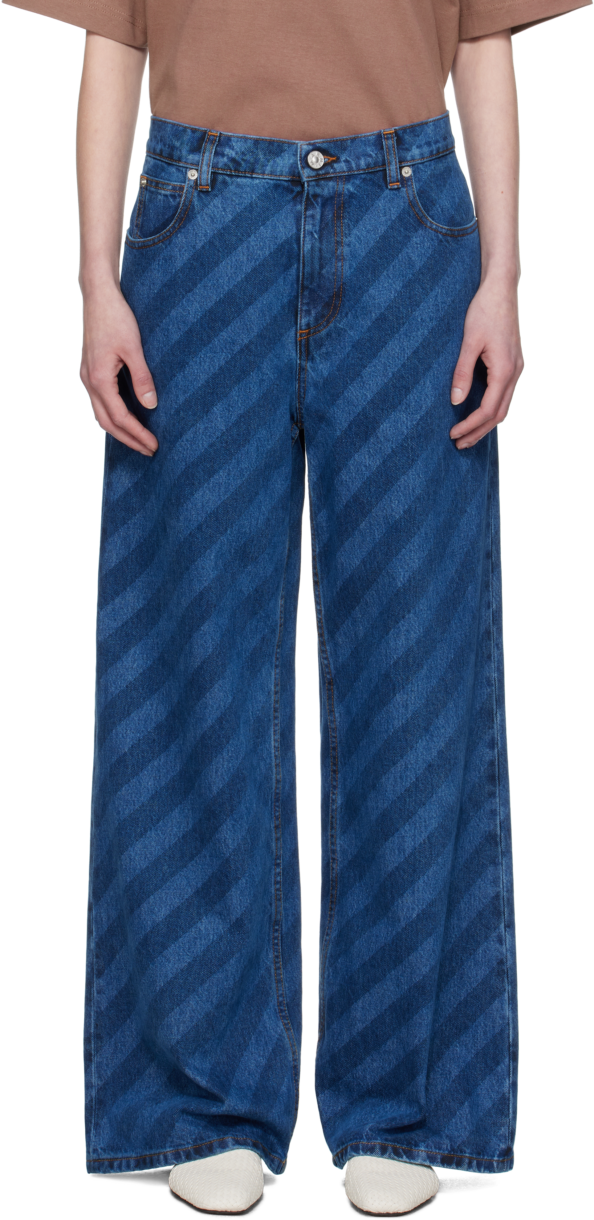 Blue Wide Leg Diagonal Stripe Jeans