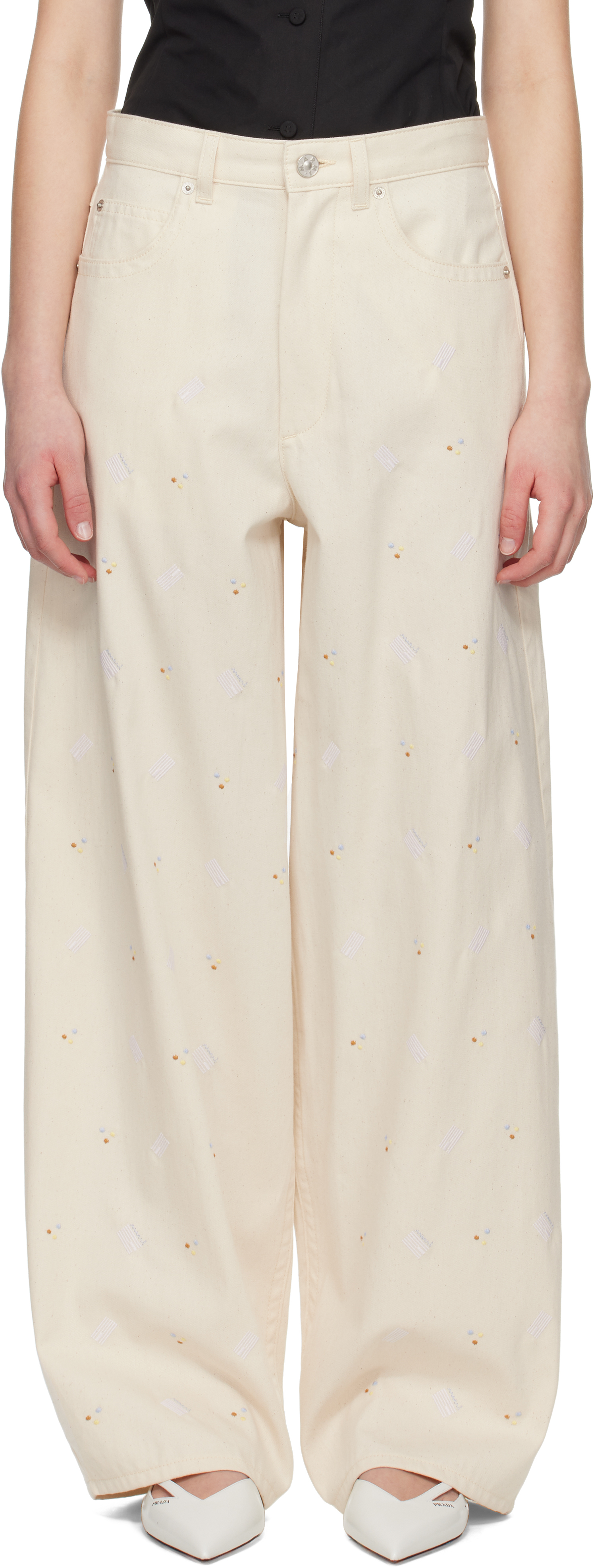 Marni Off-white Embroidered Light Denim Jeans