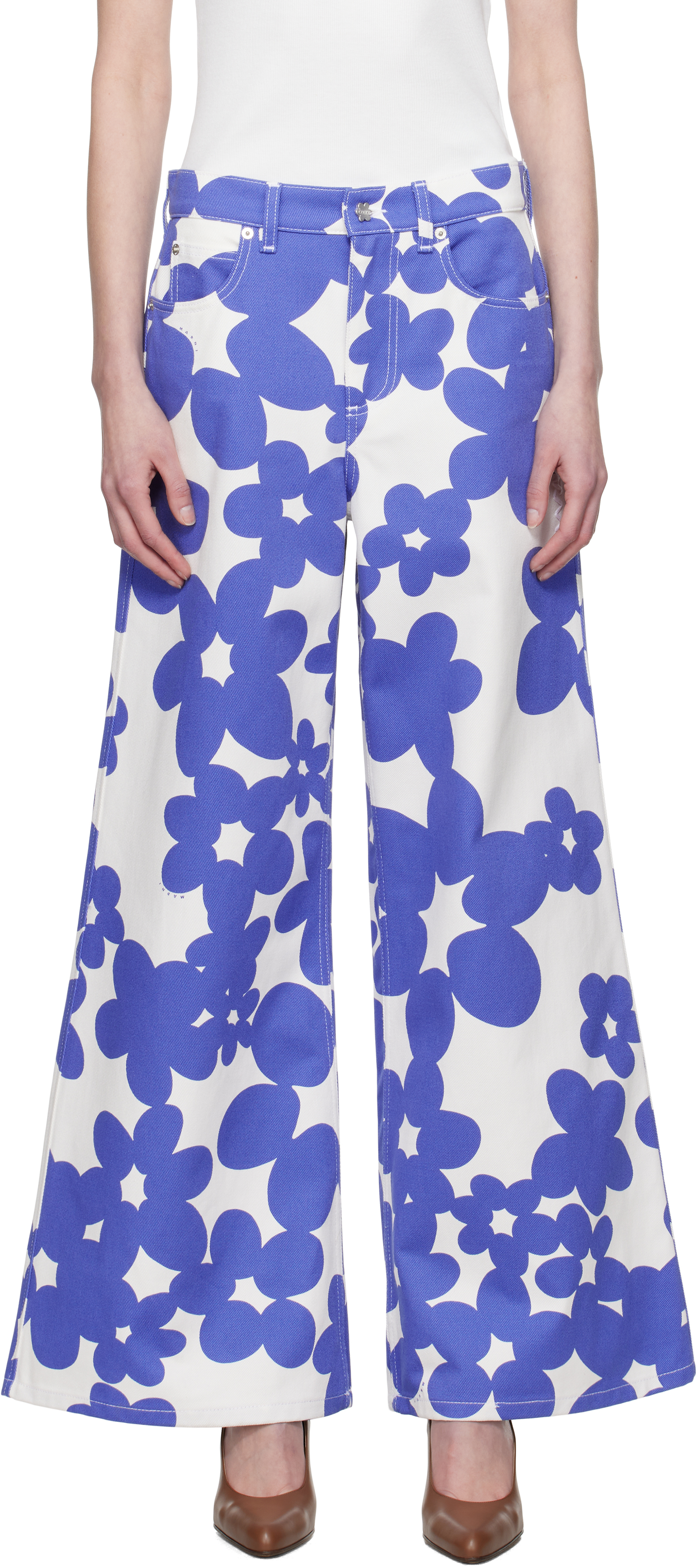 Blue & White Dillies Print Trousers by Marni on Sale