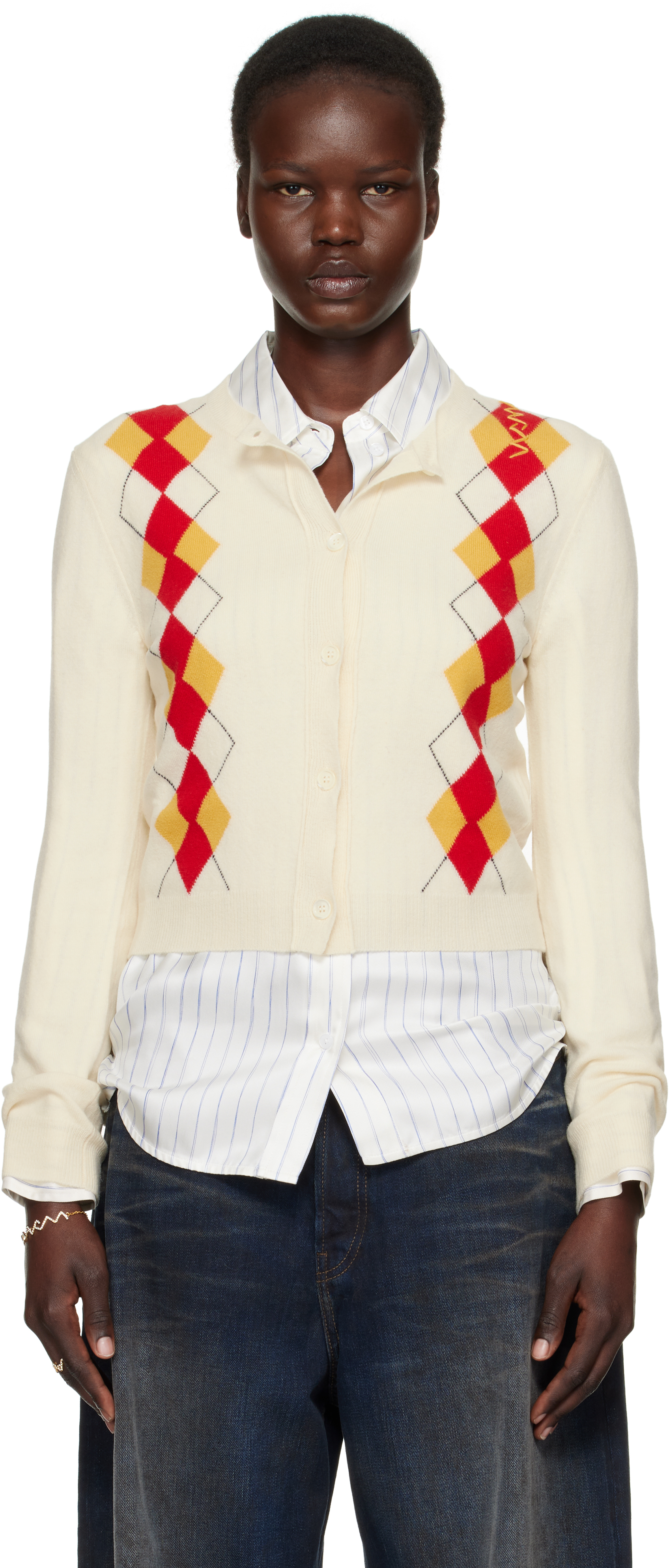 Off-White Wool Argyle Cardigan