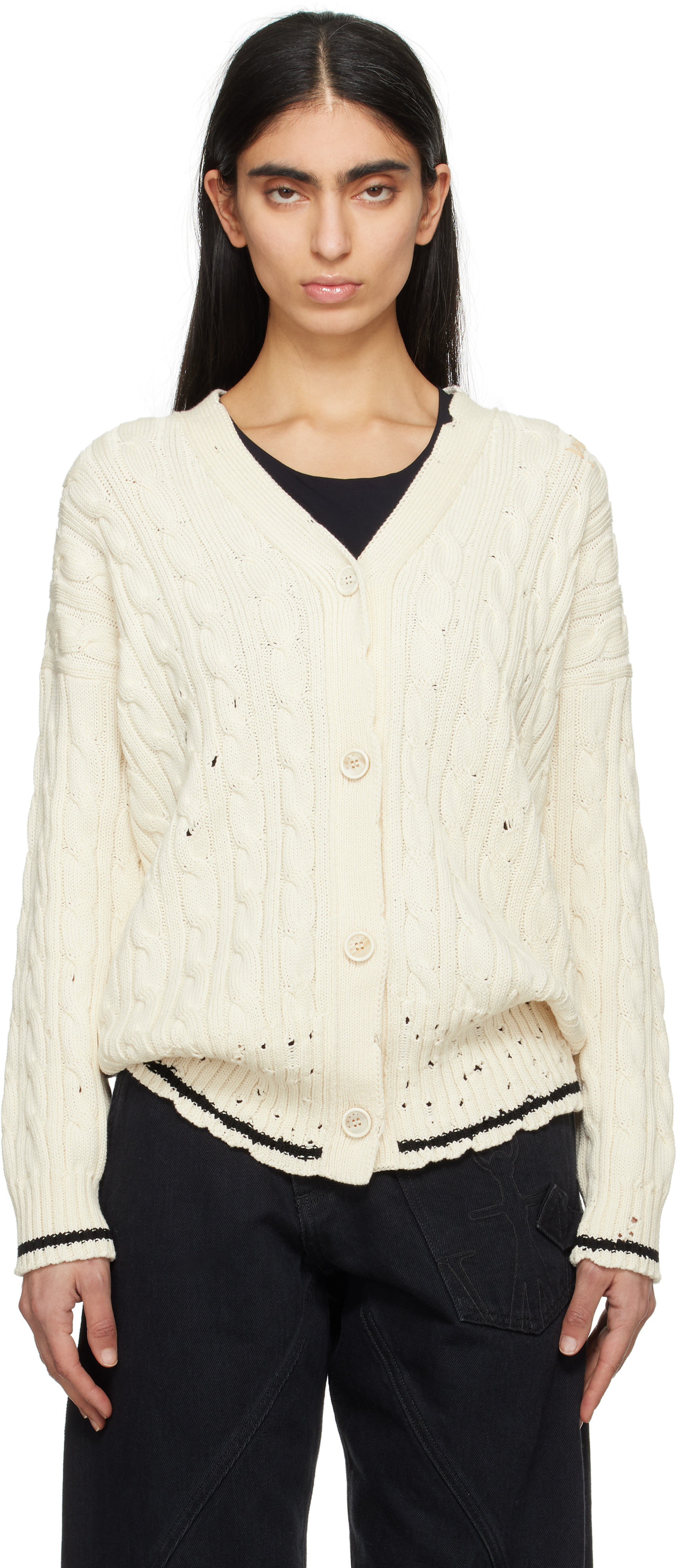 Marni: Off-White Dishevelled Cable Cotton Cardigan | SSENSE