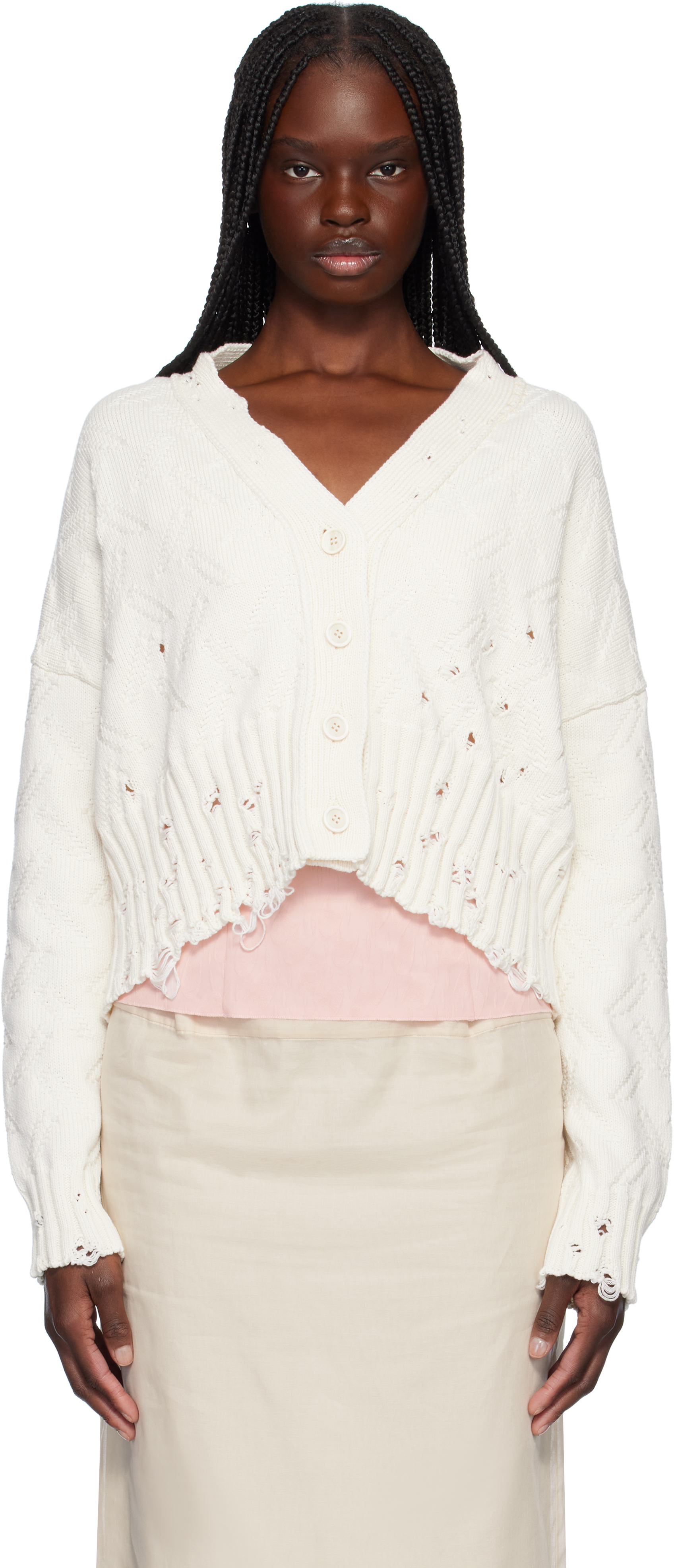 Marni: Off-White Dishevelled Cotton Cropped Cardigan Marni: Off-White Dishevelled Cotton Cropped Cardigan