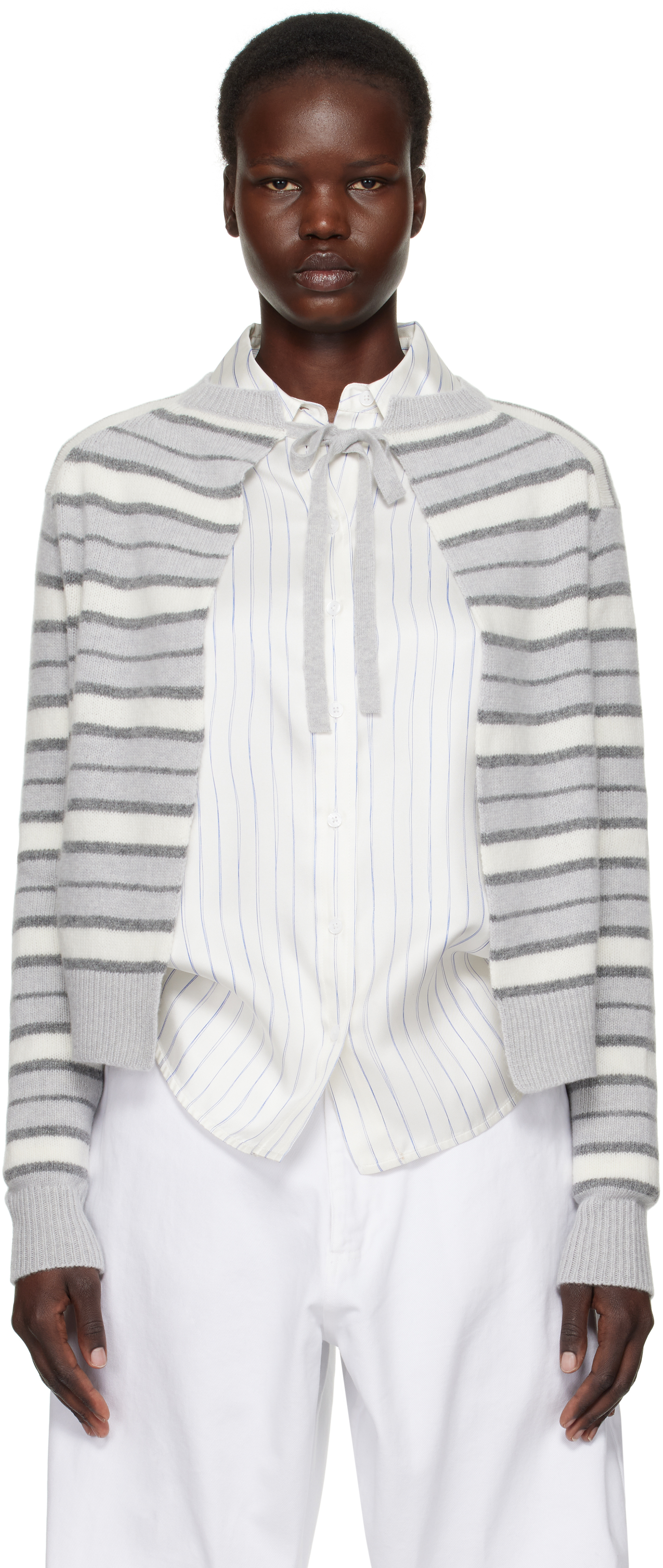 Gray 
White Striped Open Back Sweater