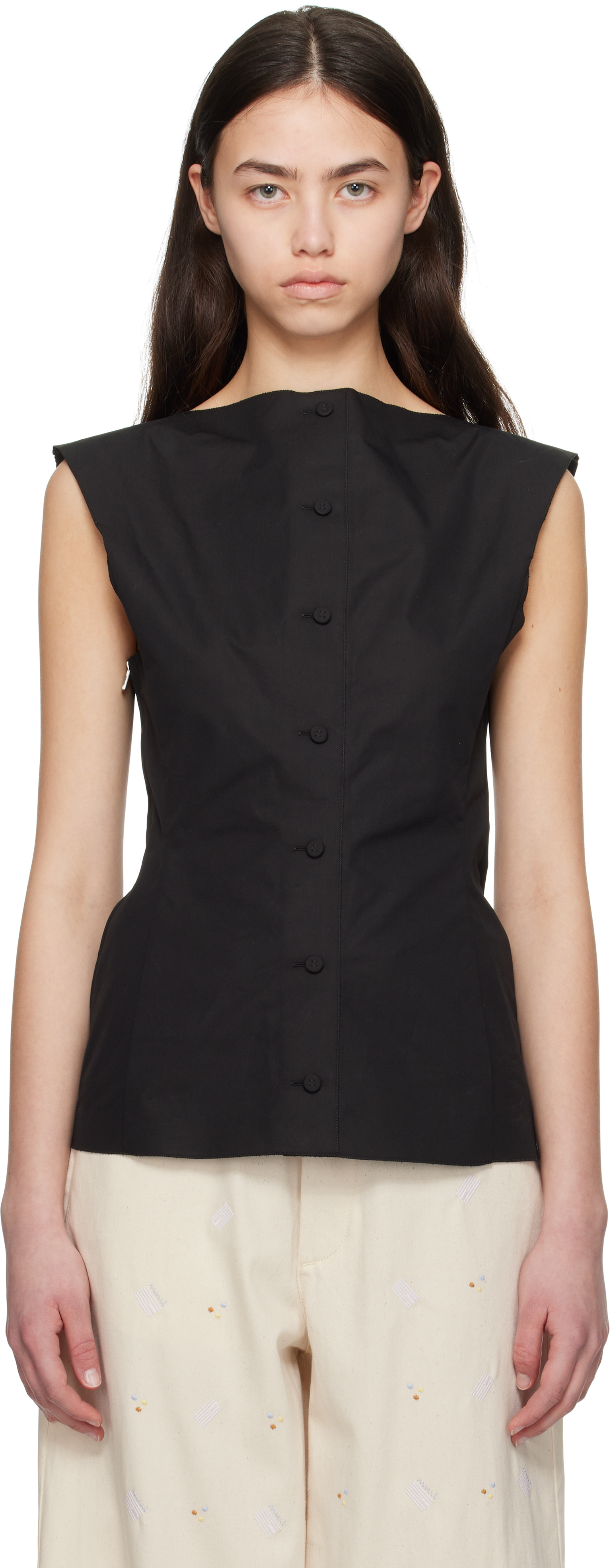 Marni Black Sleeveless Top With Boat Neckline And Rear Button Closure In Cotton Woman