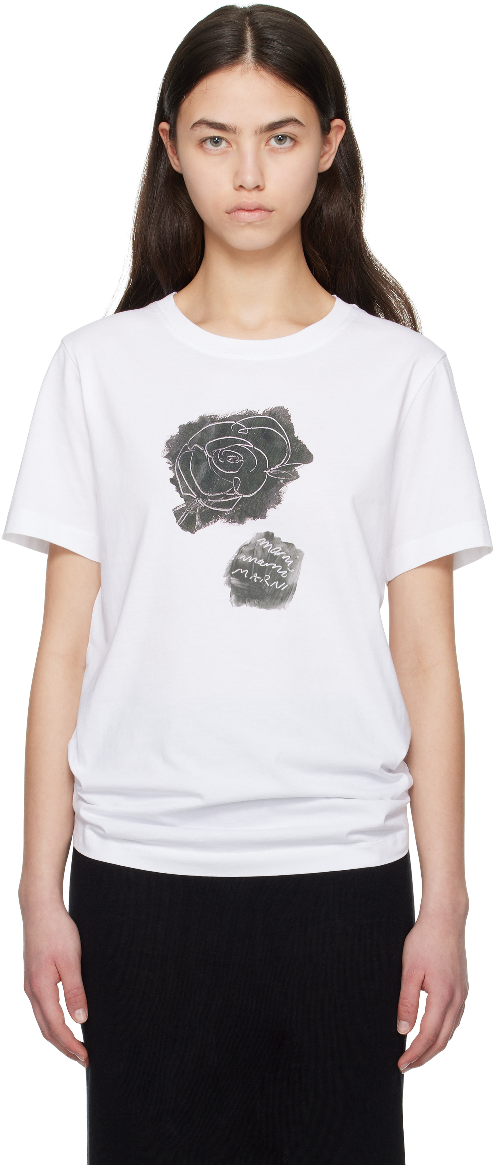 White Printed Brushed Rose Cotton Jersey T-shirt