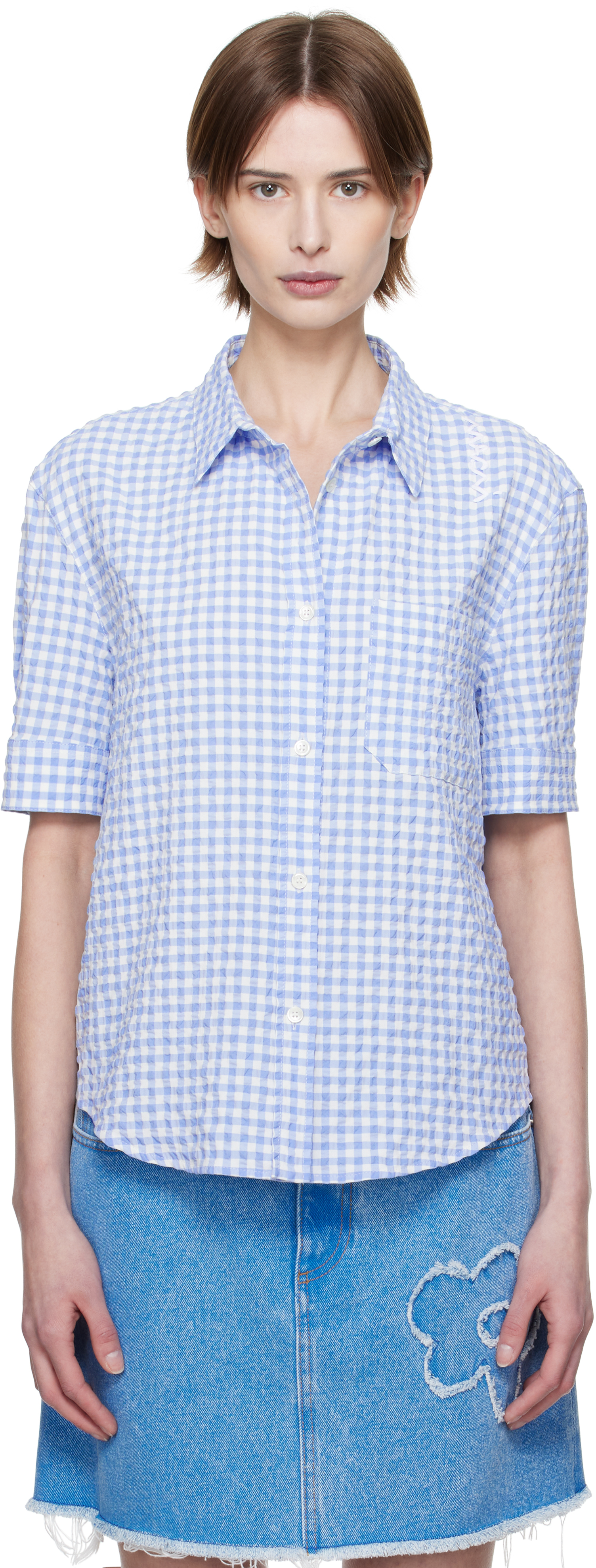 Blue 
White Seersucker Checked Shirt