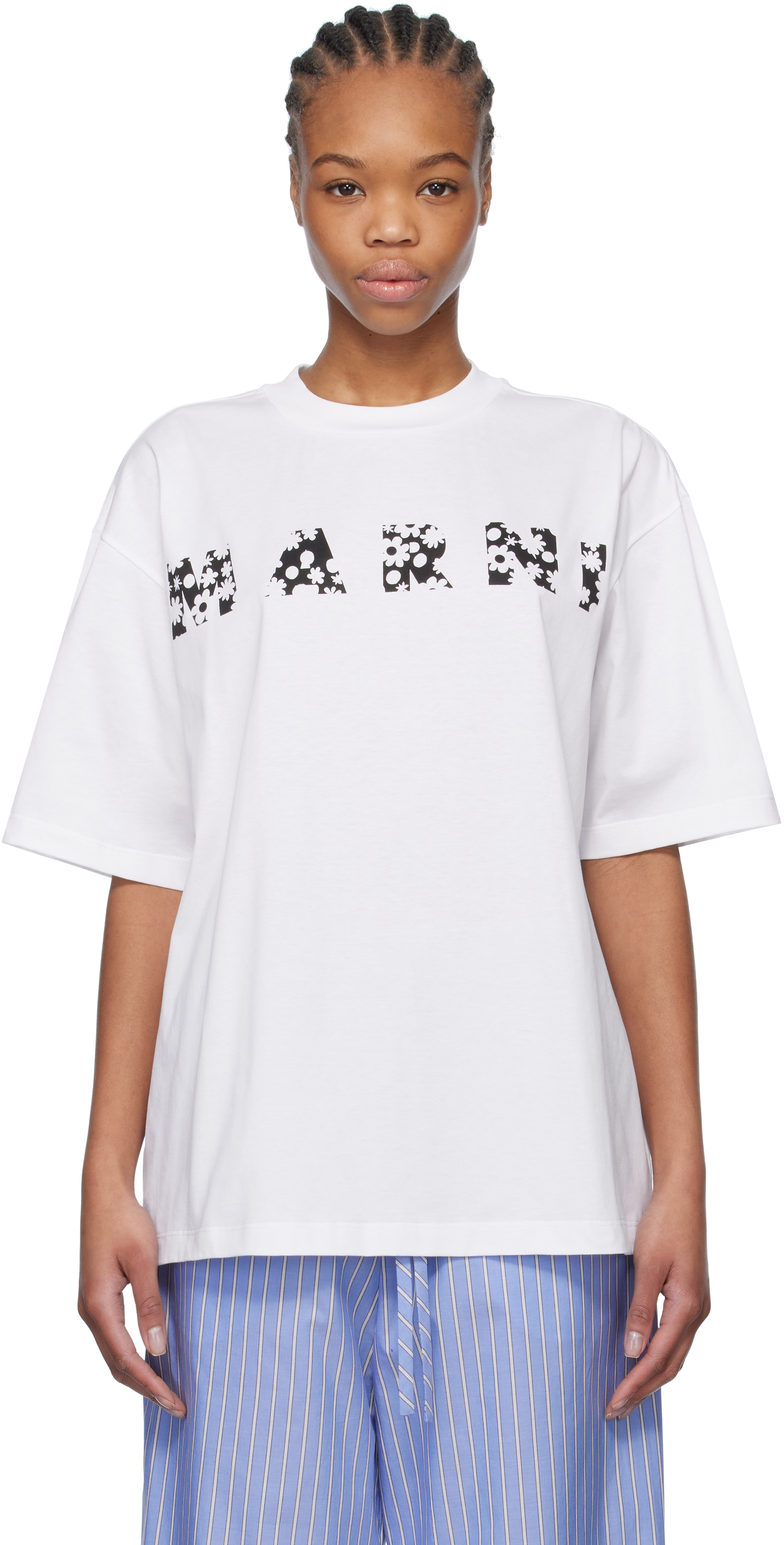 関税送料込【MARNI】「MARNI POP FIELD」ロゴコットンTシャツ Marniのホワイト Pop Fields ロゴ Tシャツがセール中